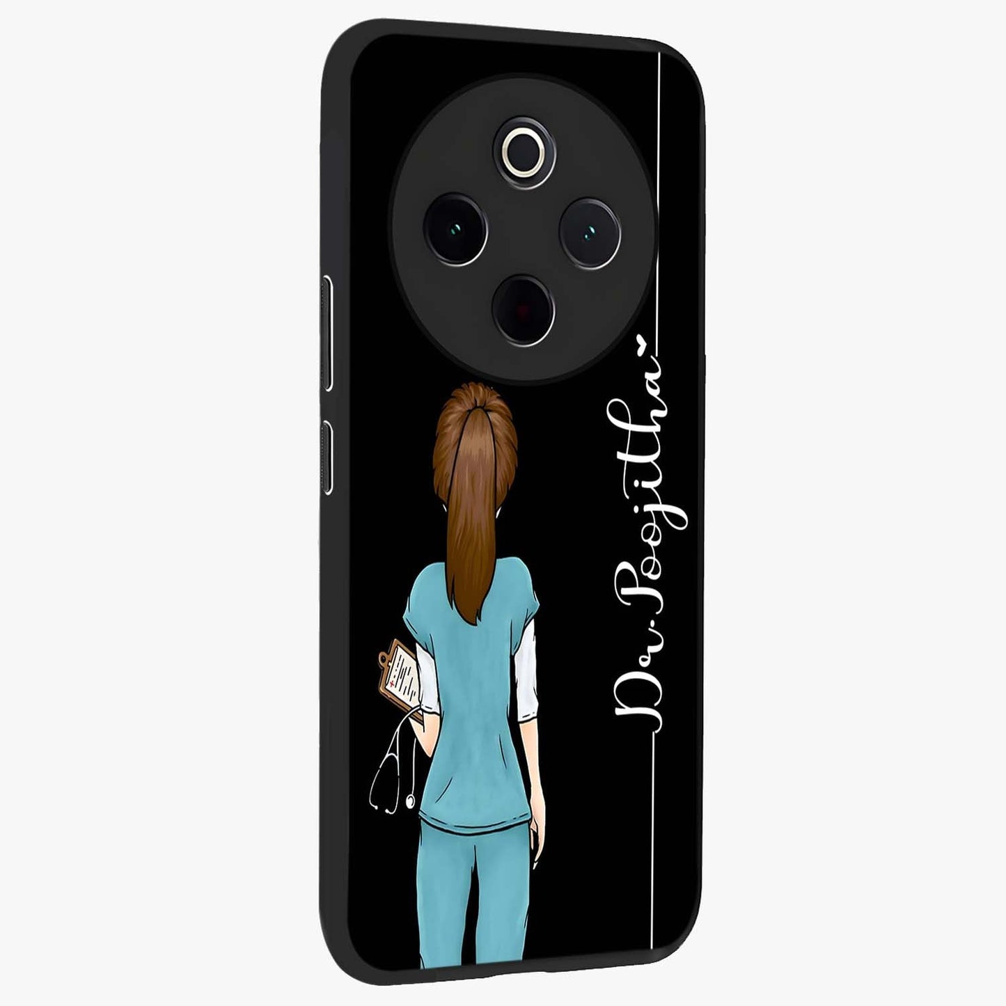 Doctor Pattern Custom Name Glass Case upright view showcasing healthcare themed design with personalized aesthetic.
