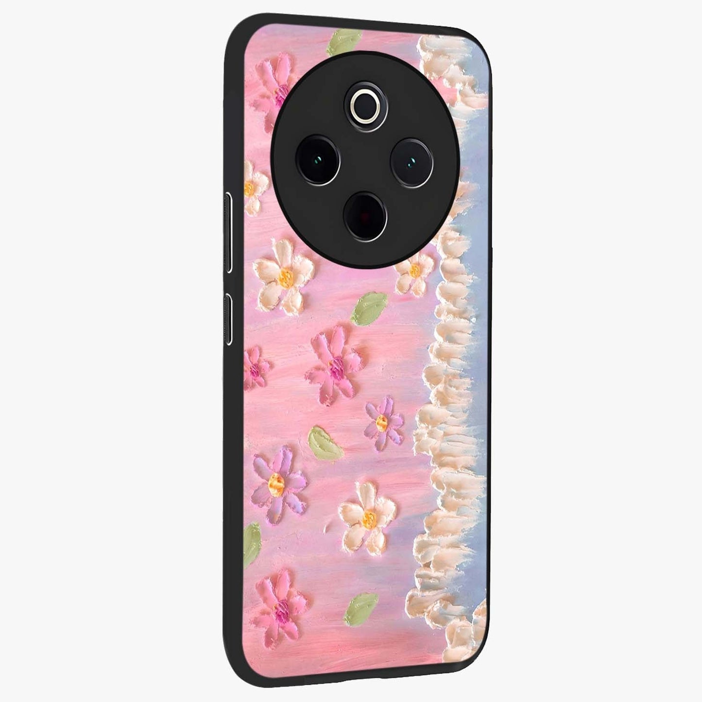 Dreamy Painted Garden Glass Case upright view showcasing vibrant floral garden artwork with artistic nature theme.