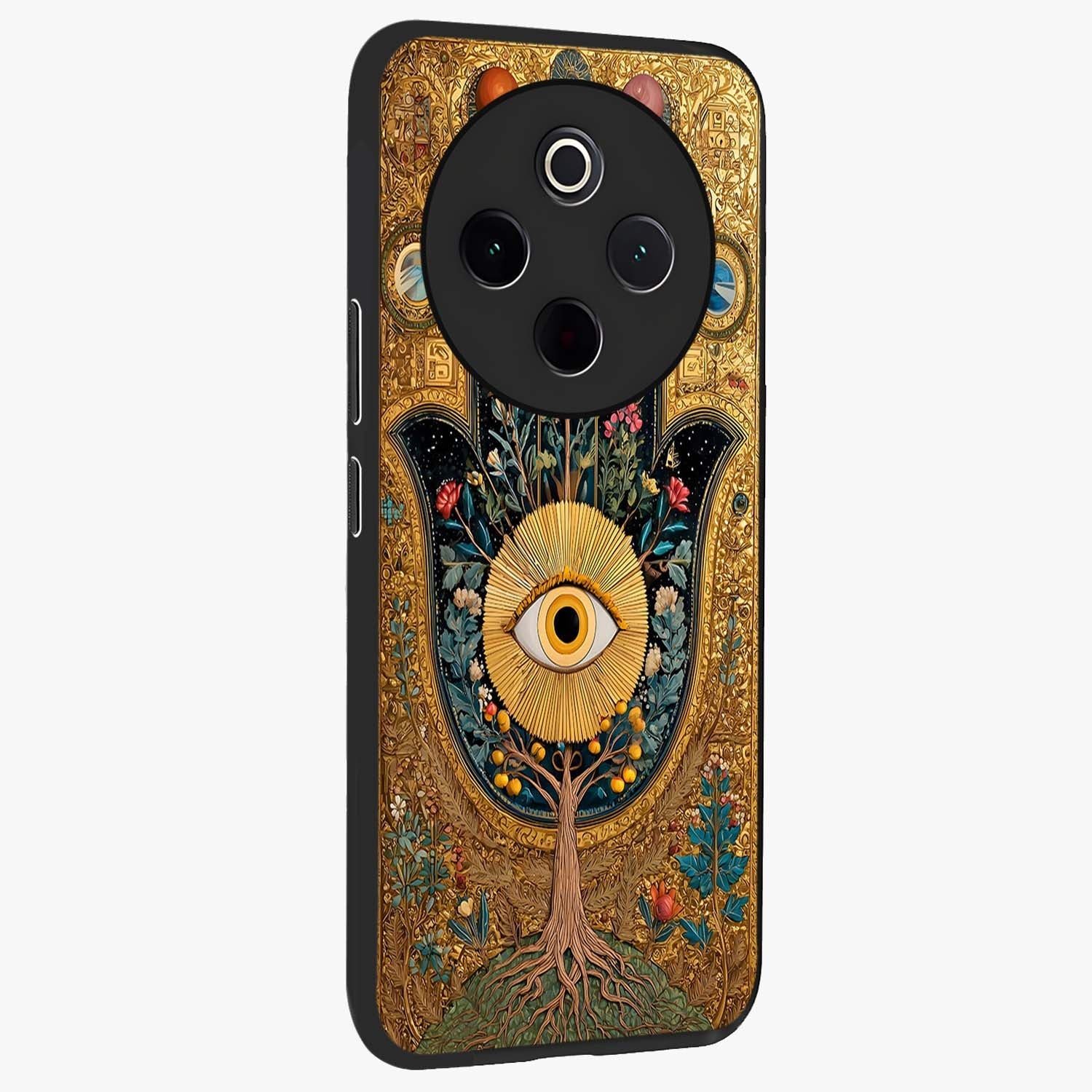 Ethereal Evil Eye Glass Case upright view showcasing celestial evil eye artwork with mystical theme.