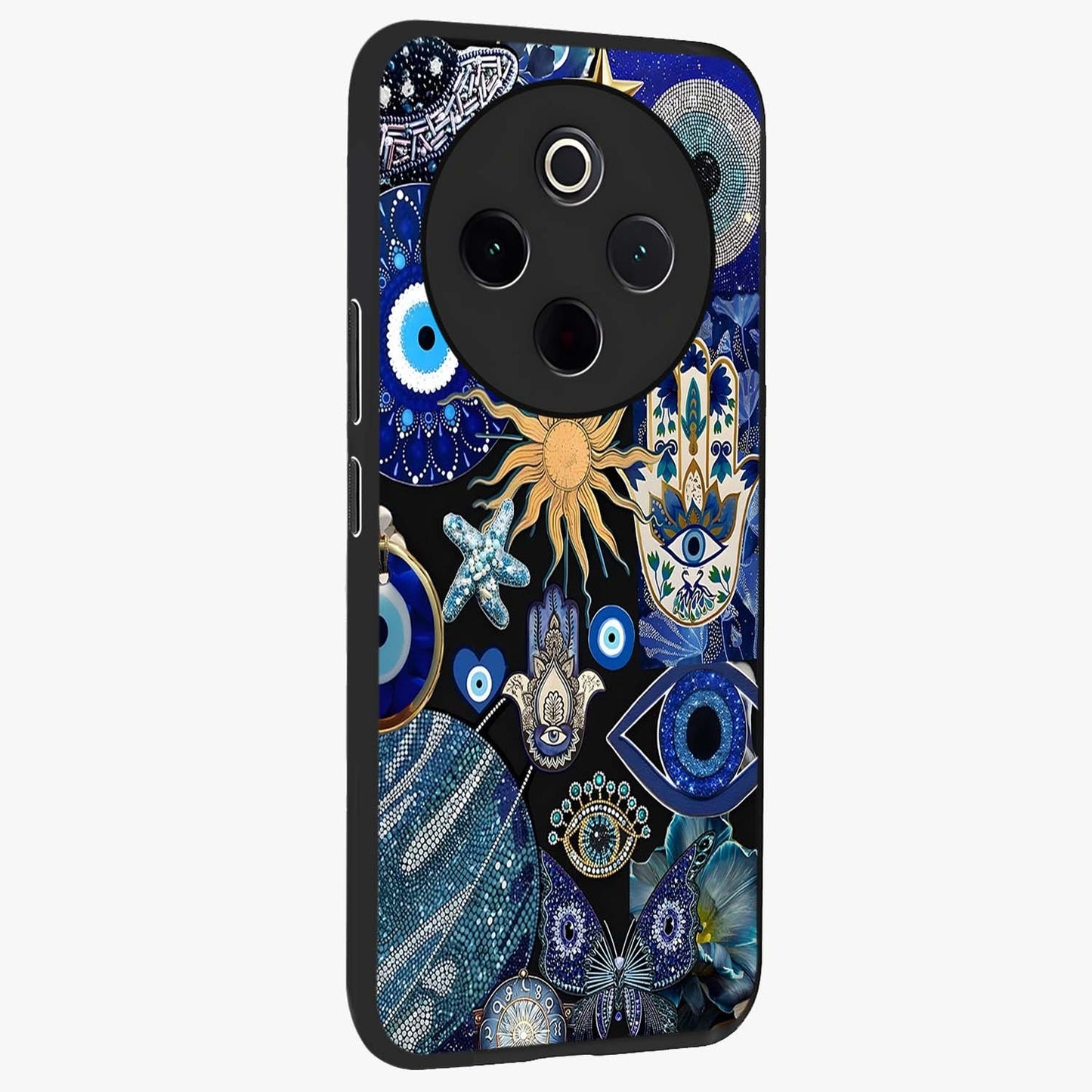 Evil Eye Charm Mix Glass Case upright view showcasing mystical evil eye pattern with vibrant decorative style.