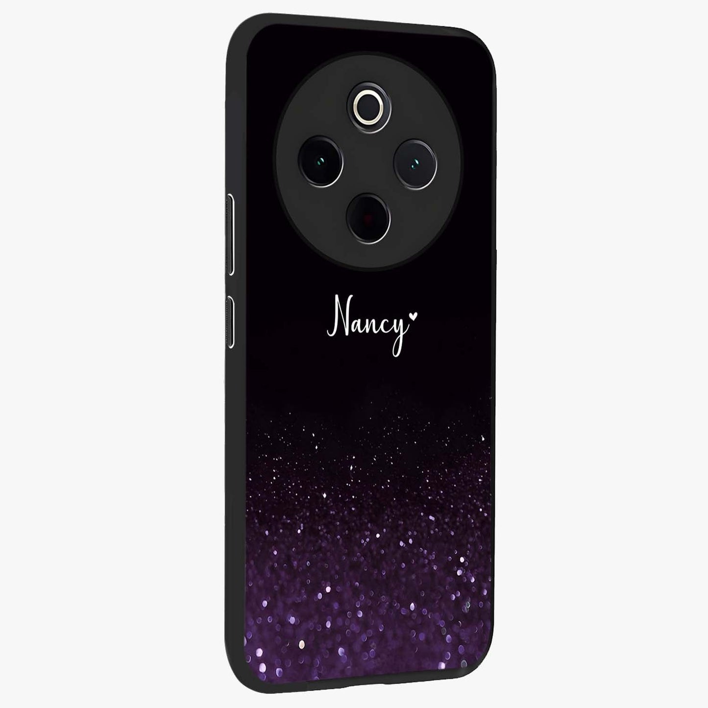 Glittery Purple Bokeh Custom Name Glass Case upright view showcasing vibrant purple sparkle artwork with personalized aesthetic style.