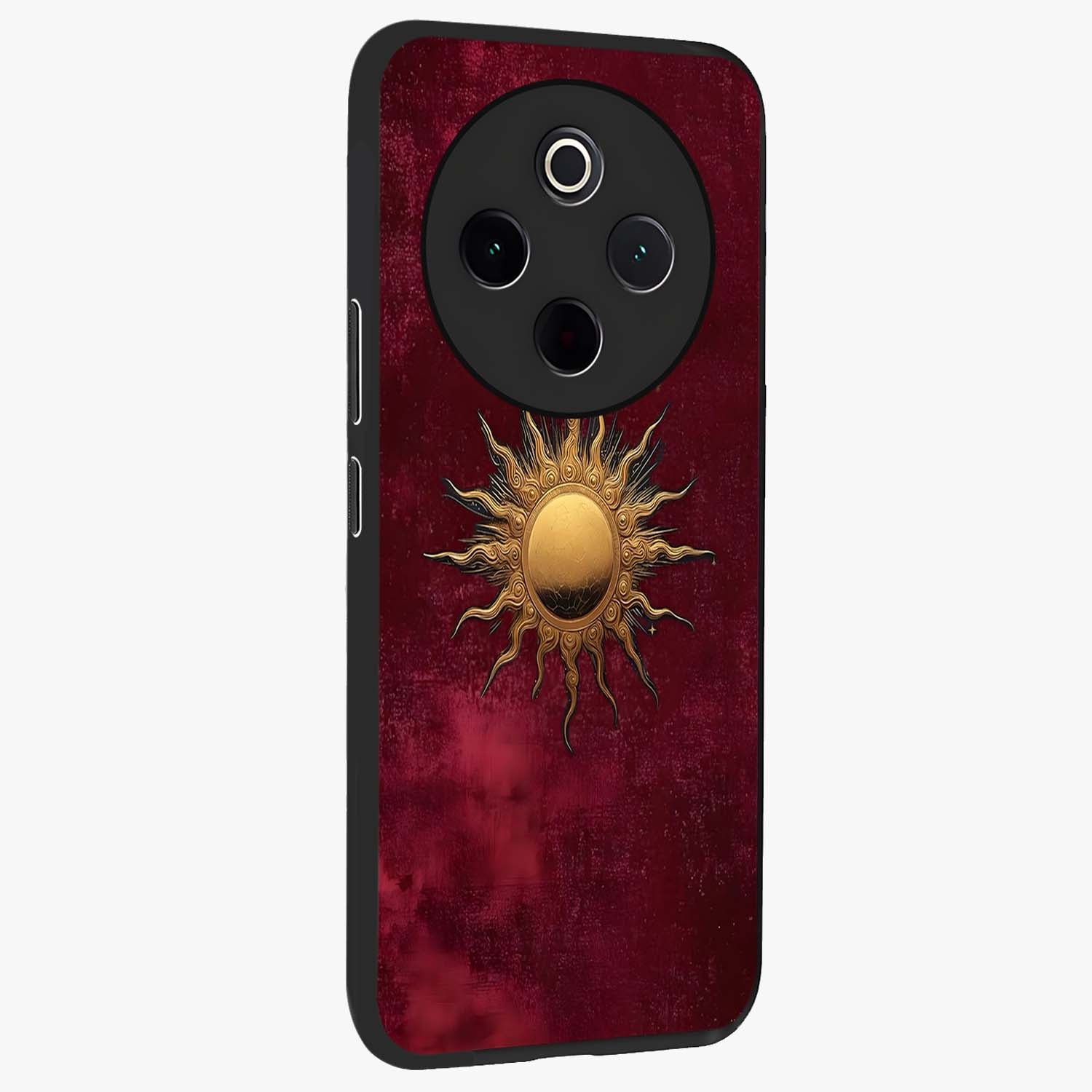 Golden Sun Minimalism Glass Case upright view showcasing simple golden sun artwork with elegant minimalist style.