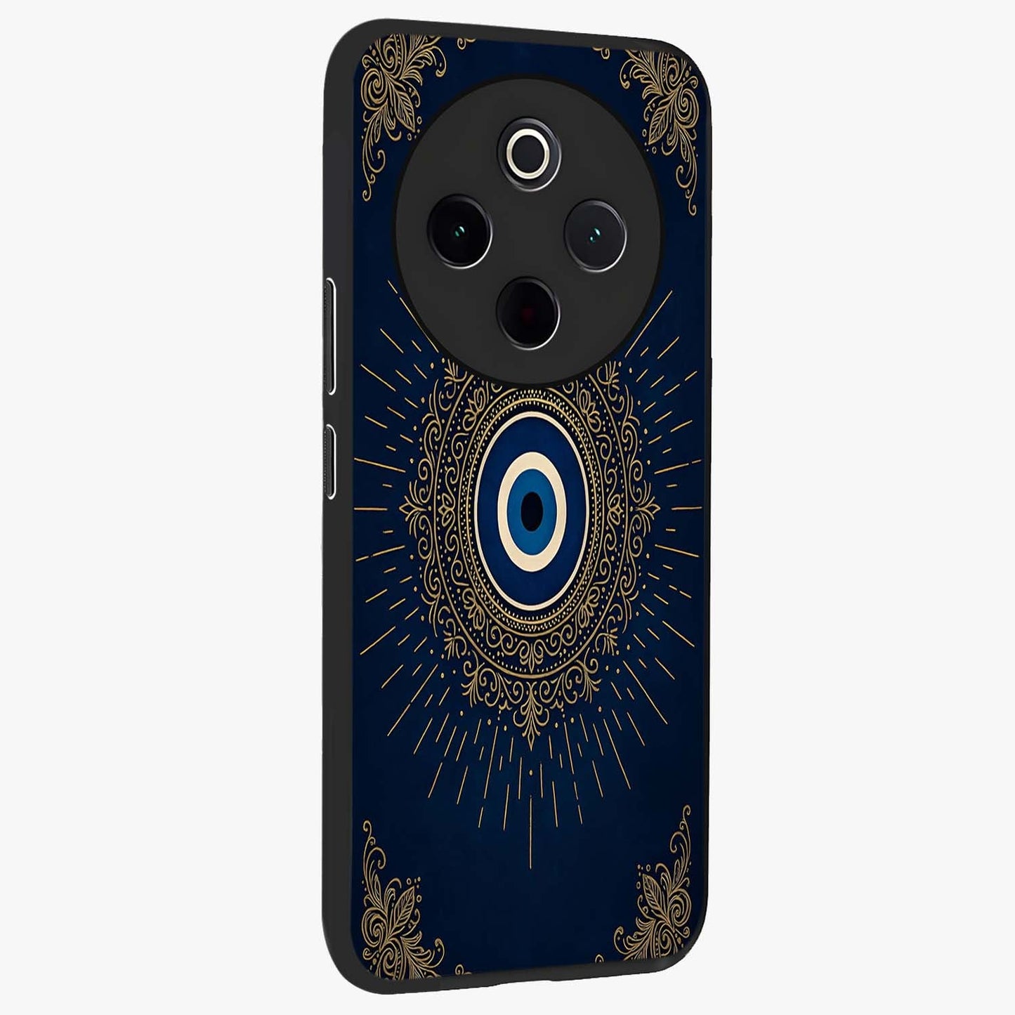 Golden Celestial Charm Glass Case upright view showcasing radiant celestial artwork with elegant golden theme.
