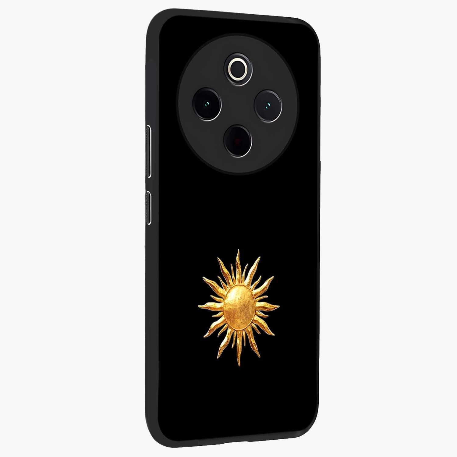 Golden Sun Minimalism Glass Case upright view showcasing haunting graveyard artwork with dramatic dark theme.