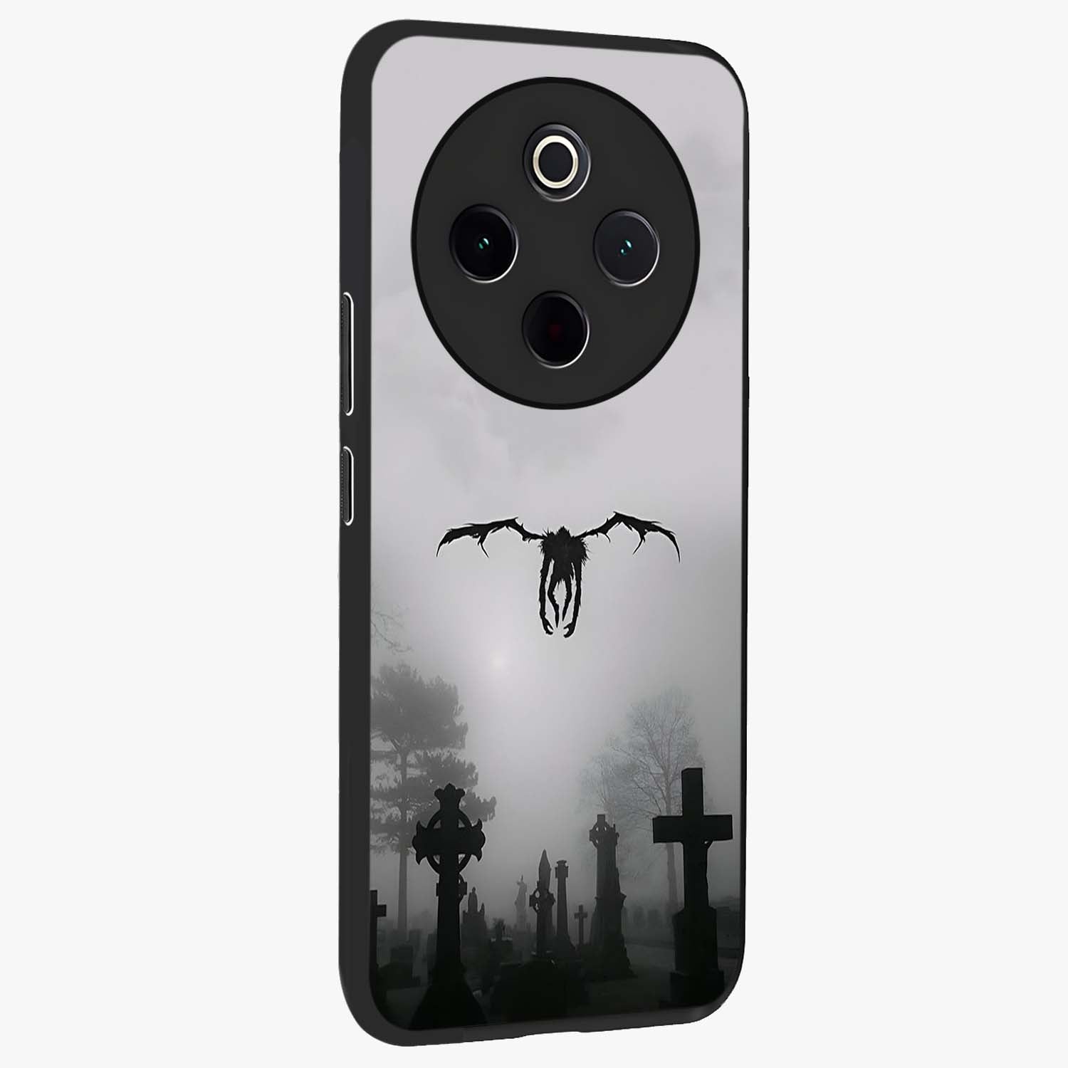 Graveyard Shadow Descent Glass Case upright view showcasing haunting graveyard artwork with dramatic dark theme.