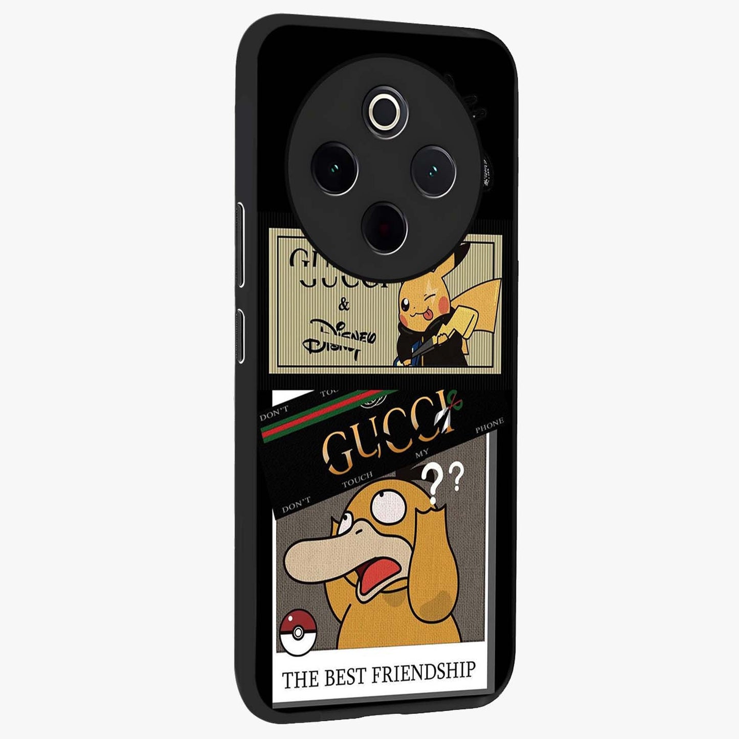 Gucci Play Mashup Glass Case upright view showcasing trendy luxury inspired artwork with modern fashion theme.