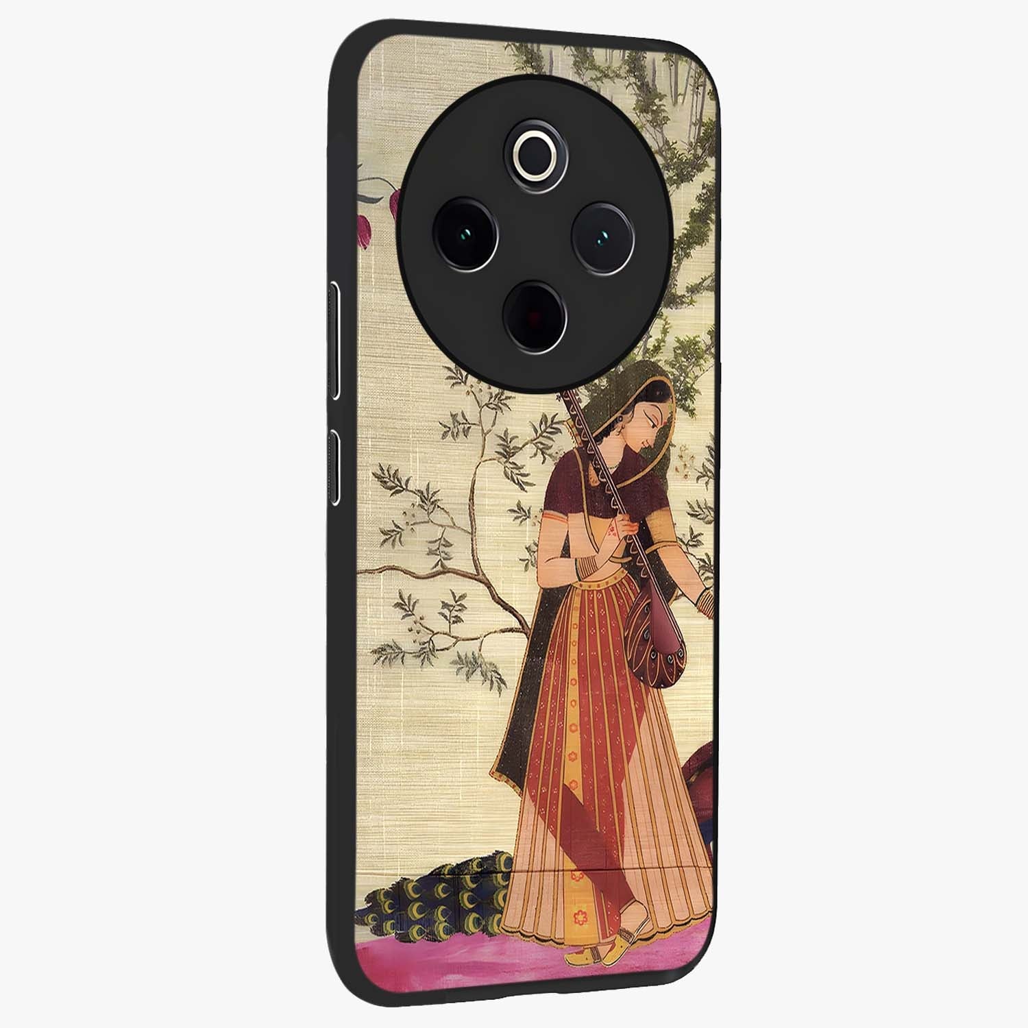 Lady With Veena Art Glass Case upright view showcasing classical veena artwork with traditional artistic theme.