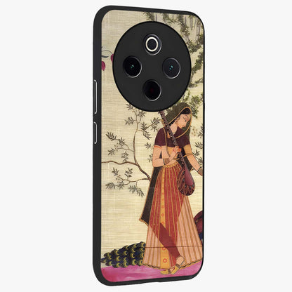 Lady With Veena Art Glass Case upright view showcasing classical veena artwork with traditional artistic theme.