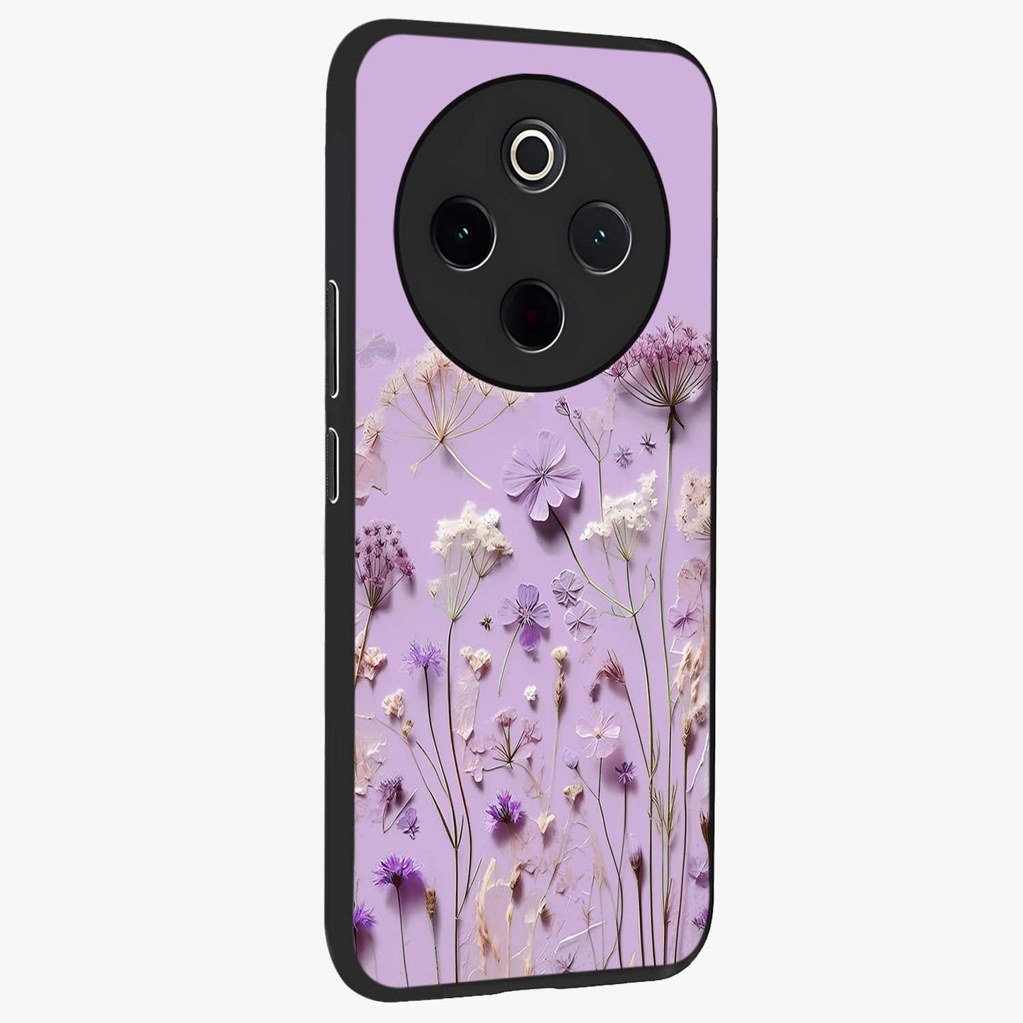 Lavender Blossom Dream Glass Case upright view showcasing delicate lavender blossom artwork with peaceful floral theme.