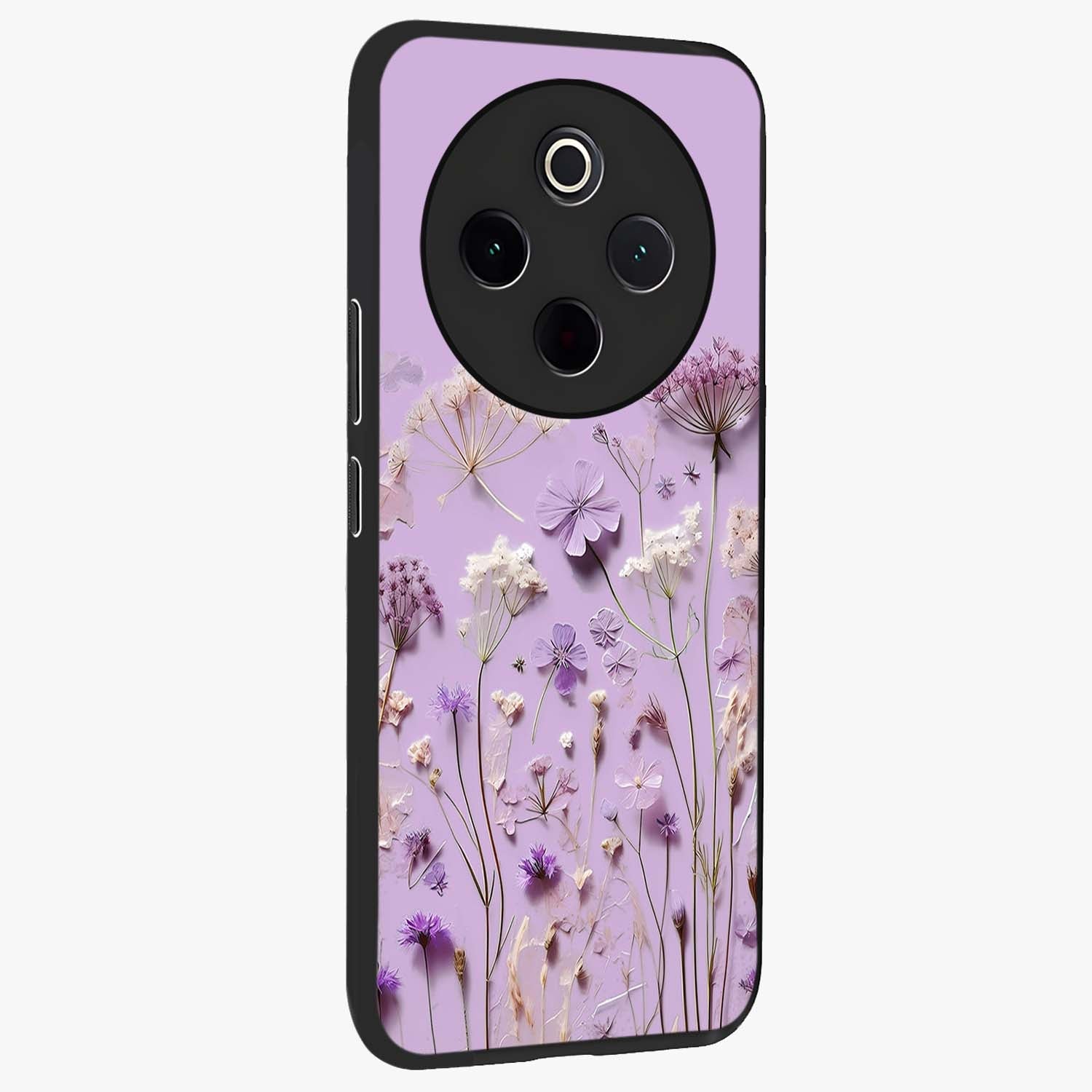 Lavender Blossom Dream Glass Case upright view showcasing delicate lavender blossom artwork with peaceful floral theme.