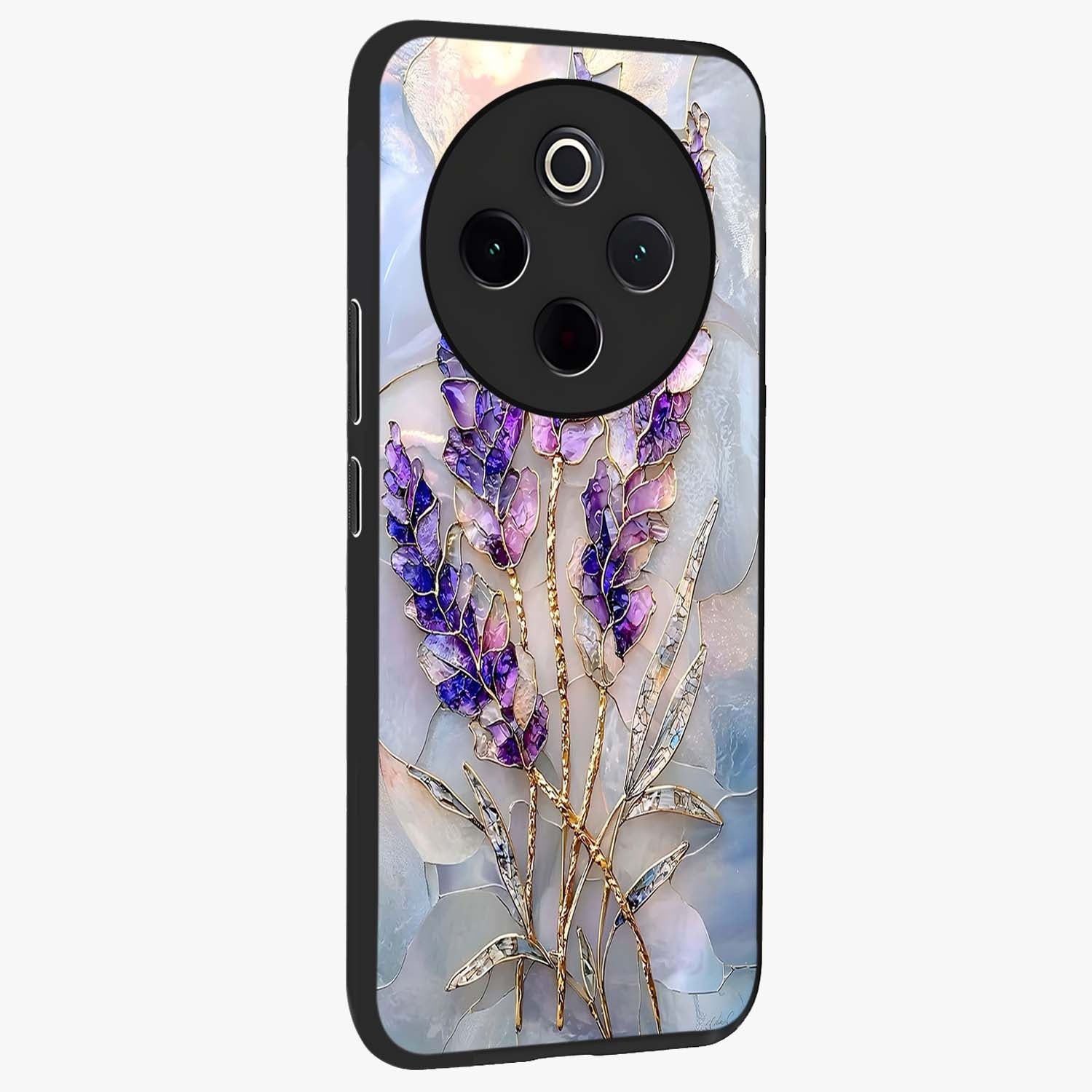 Lavender Dream Glow Glass Case upright view showcasing radiant lavender glow artwork with calming dreamy theme.