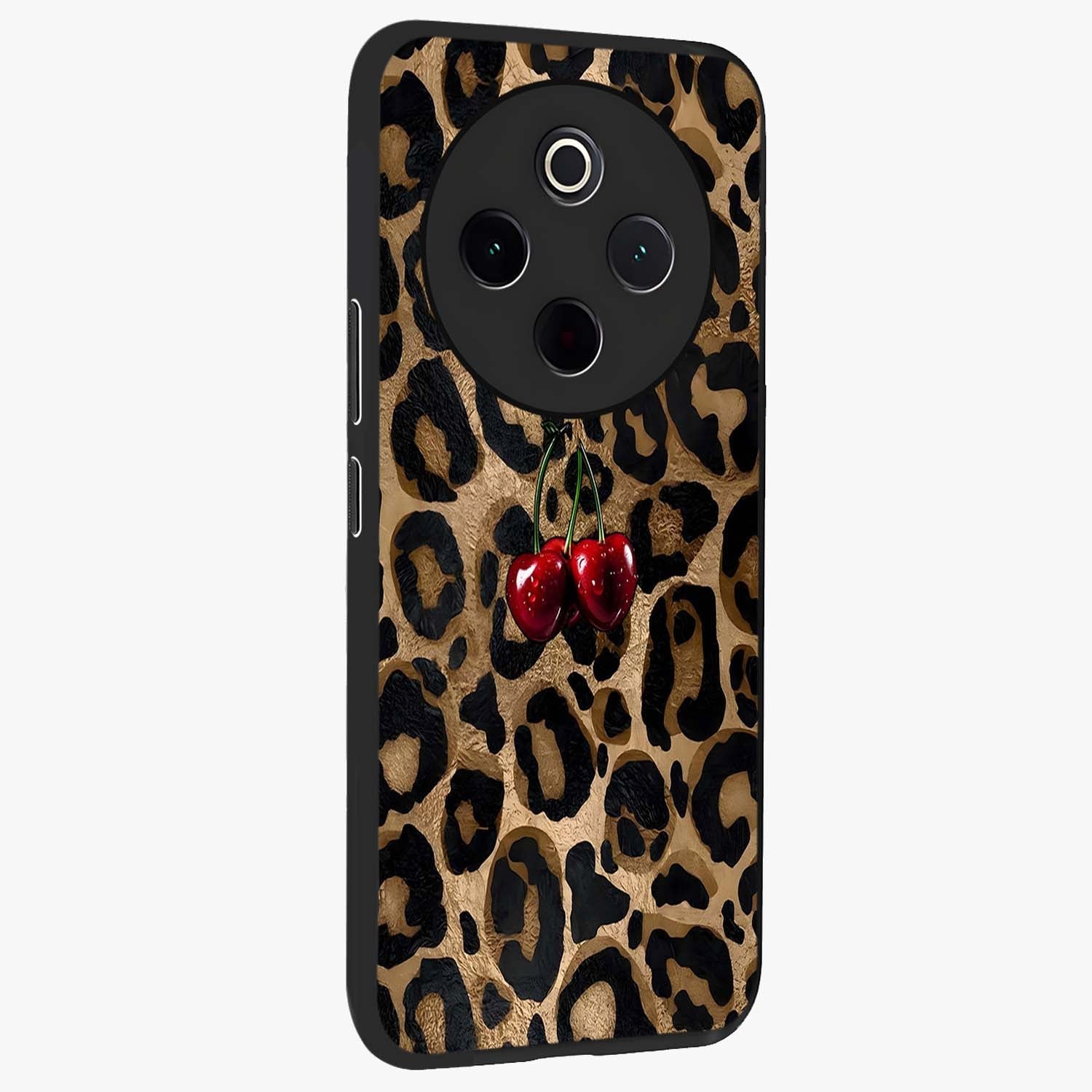 Leopard Wild Cherry Glass Case upright view showcasing stylish leopard pattern artwork with trendy fashion theme.