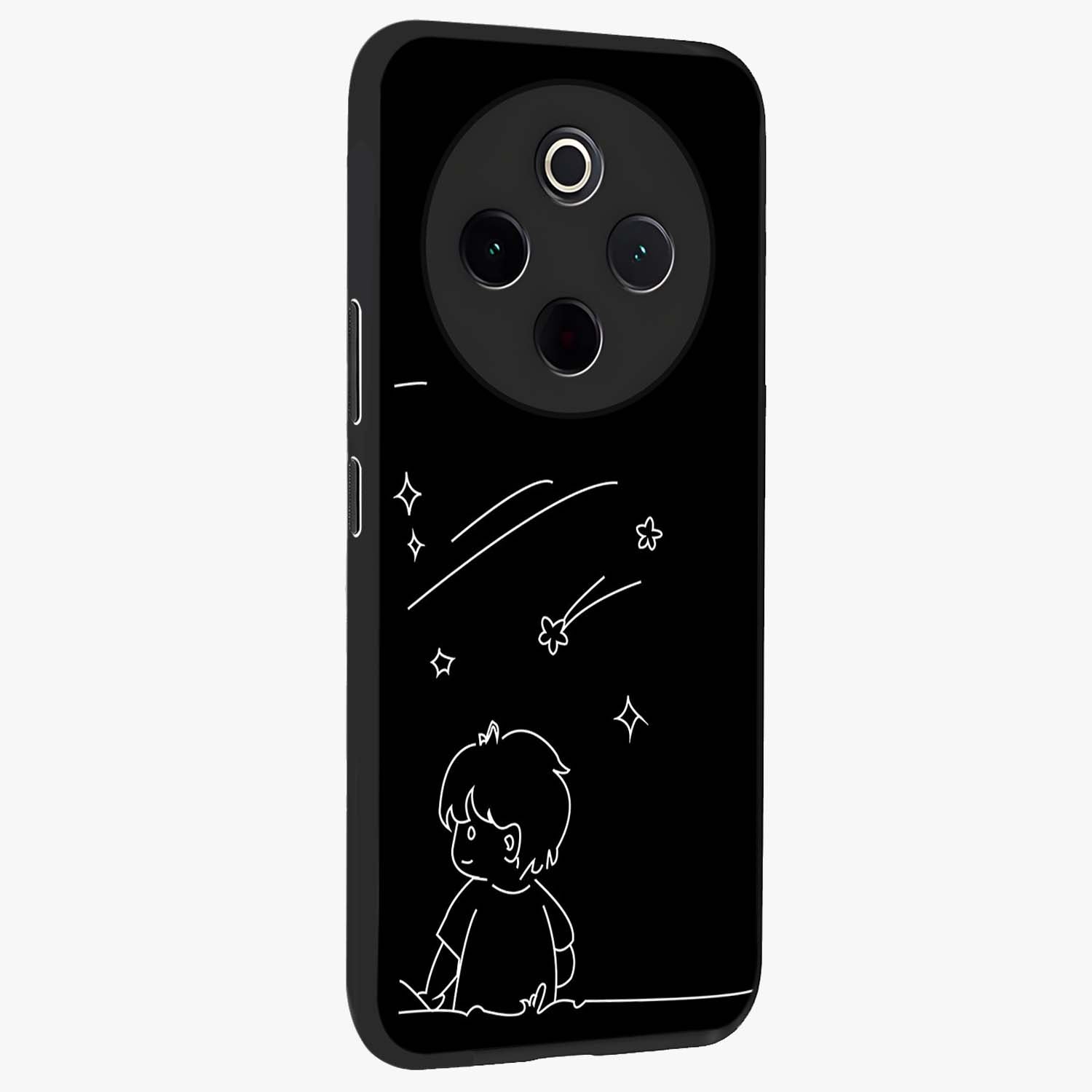 Line Art Boy With Shooting Stars Glass Case upright view showcasing artistic shooting star illustration with minimal style.
