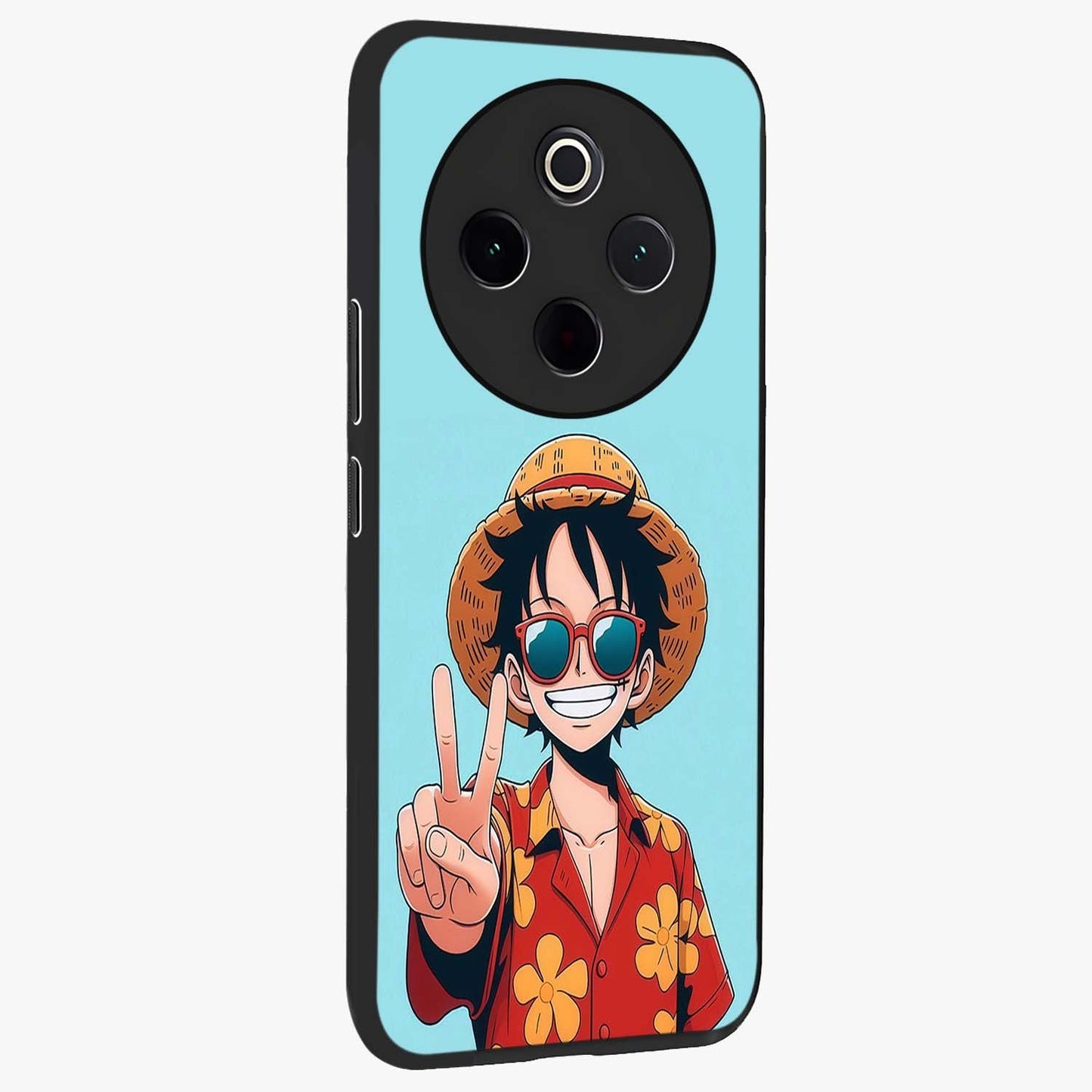 Luffy Summer Anime Vibe Glass Case upright view showcasing dynamic anime artwork with bright adventurous theme.