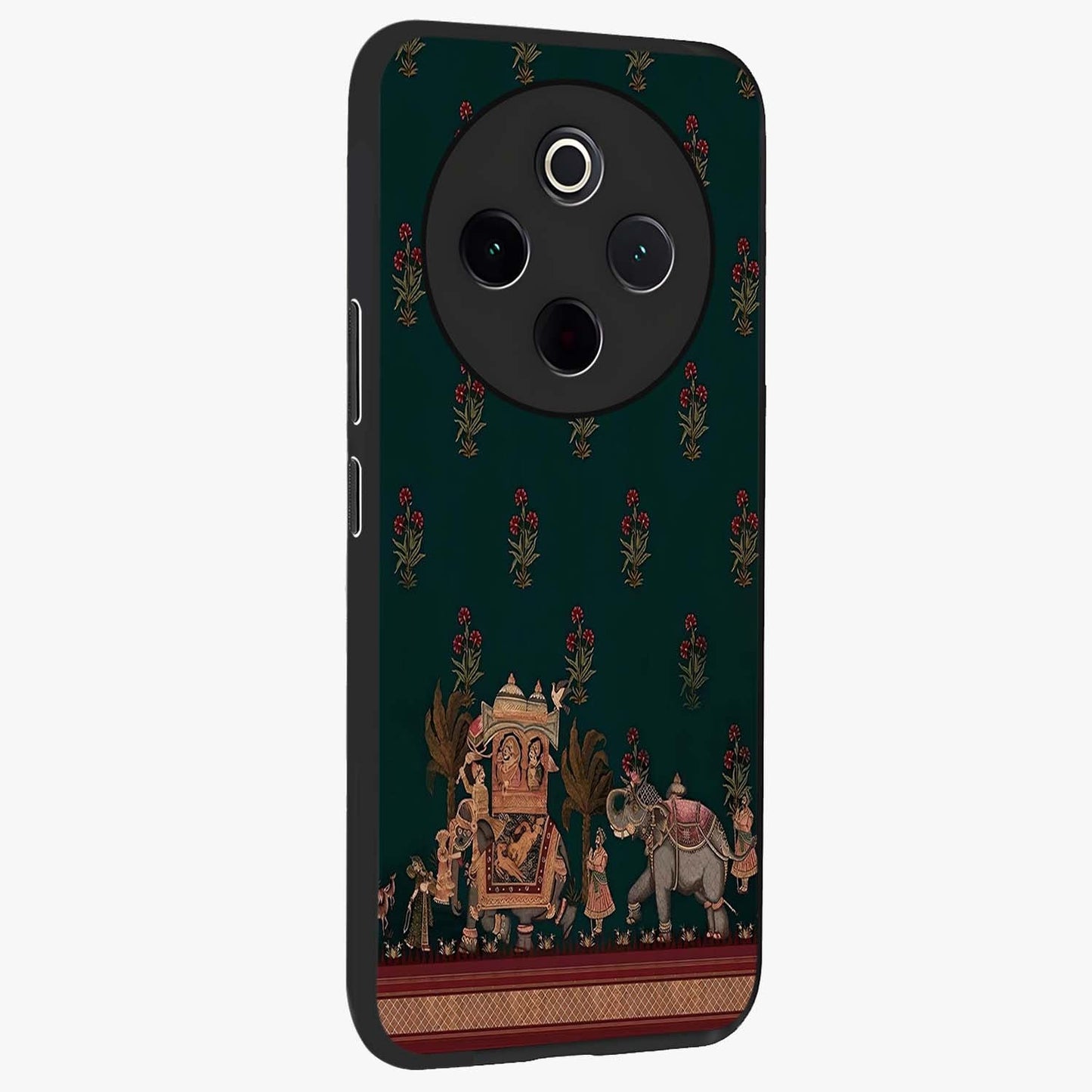 Macmerise Glass Case upright view showcasing bold artistic artwork with contemporary design theme.