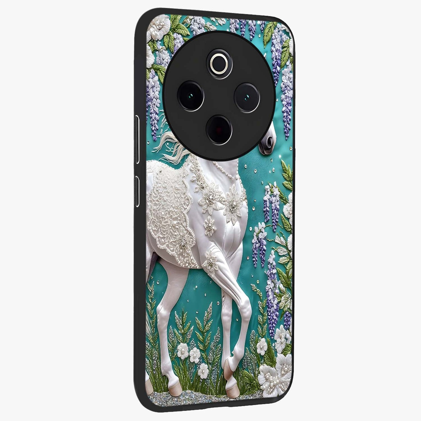 Majestic Floral Stallion Glass Case upright view showcasing dramatic horse artwork with decorative floral theme.
