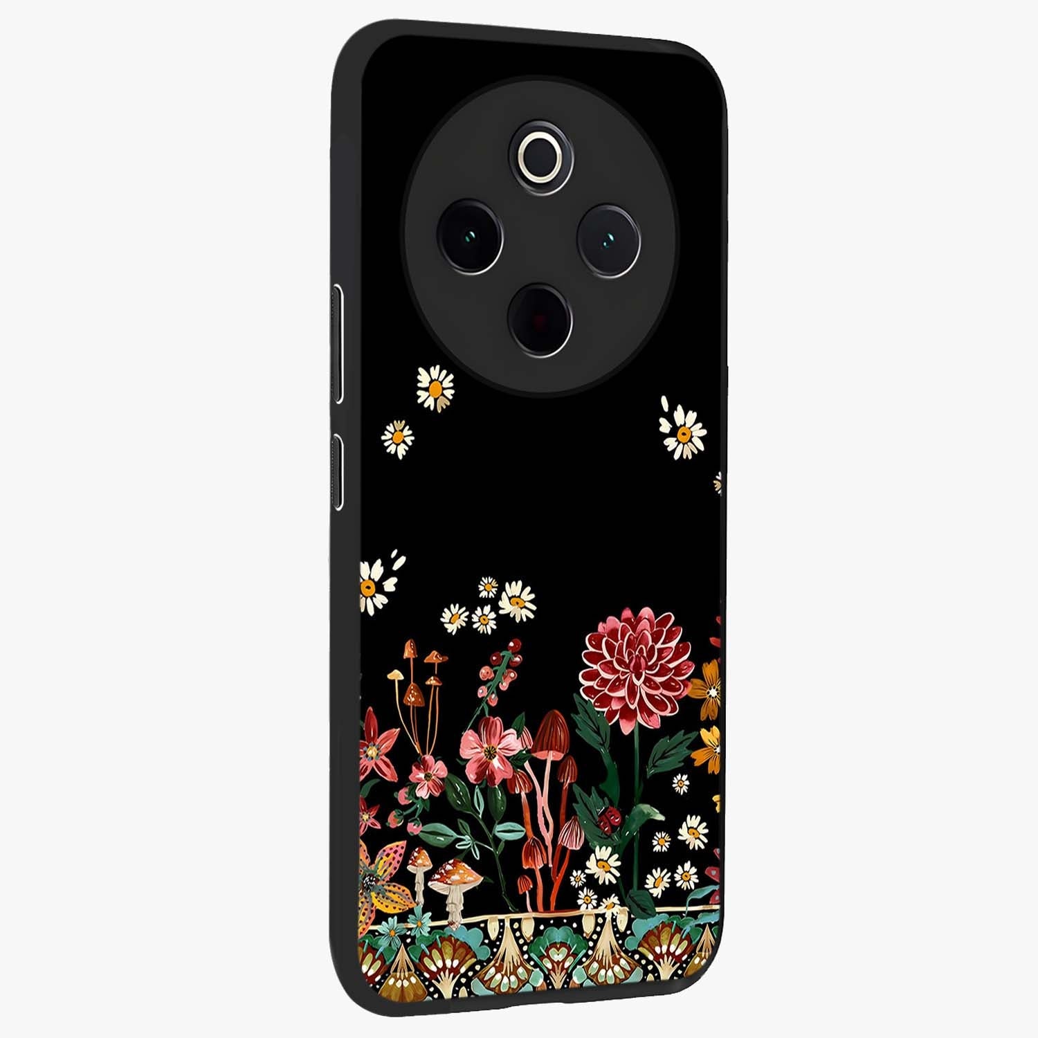 Midnight Bloom Pattern Glass Case upright view showcasing decorative floral artwork with deep night themed palette.