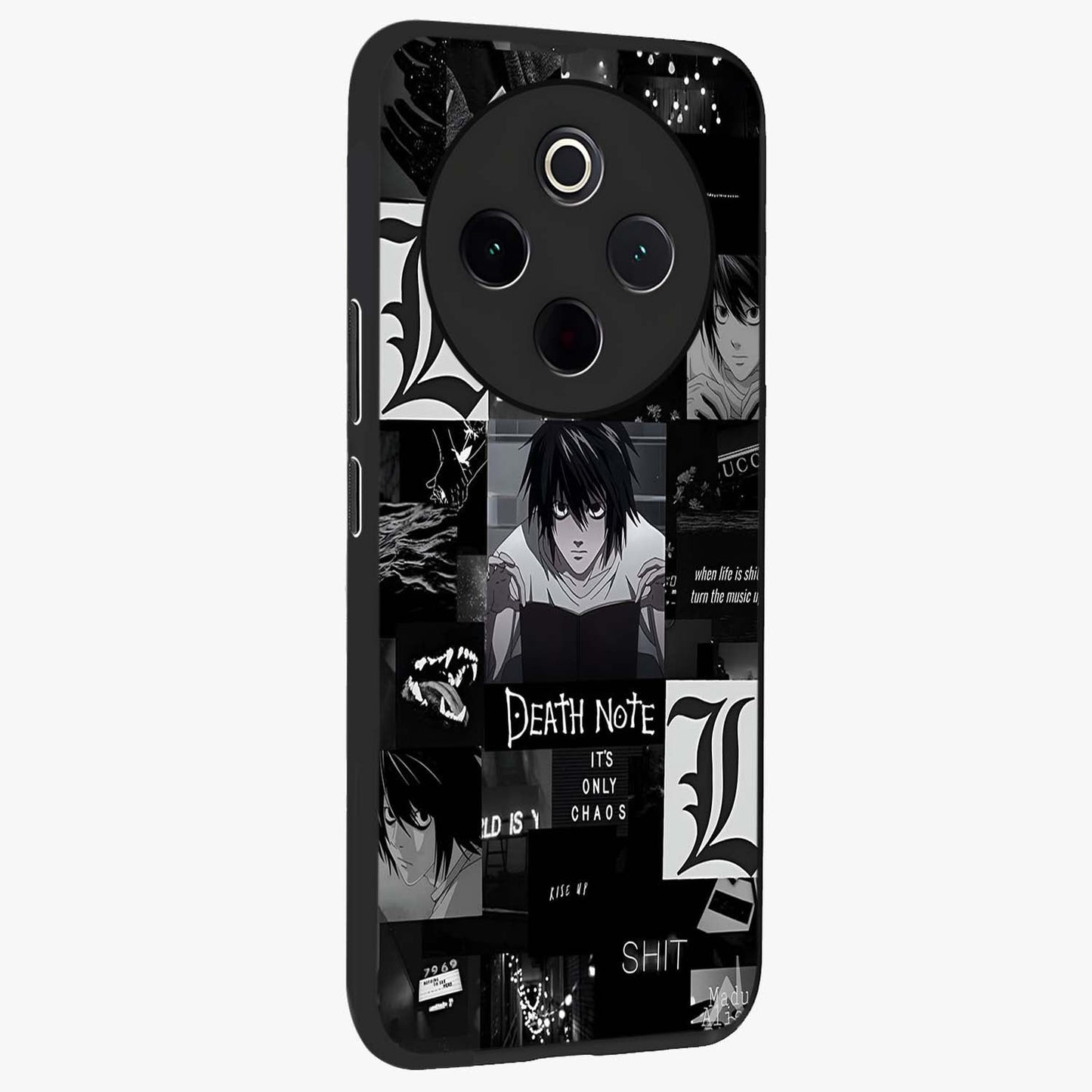 Midnight Chaos Mind Glass Case upright view showcasing expressive abstract artwork with bold dark theme.