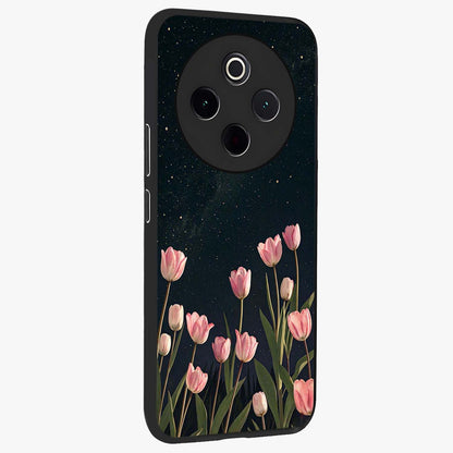 Midnight Tulip Whispers Vibe Glass Case upright view showcasing graceful tulip artwork with calm botanical theme.