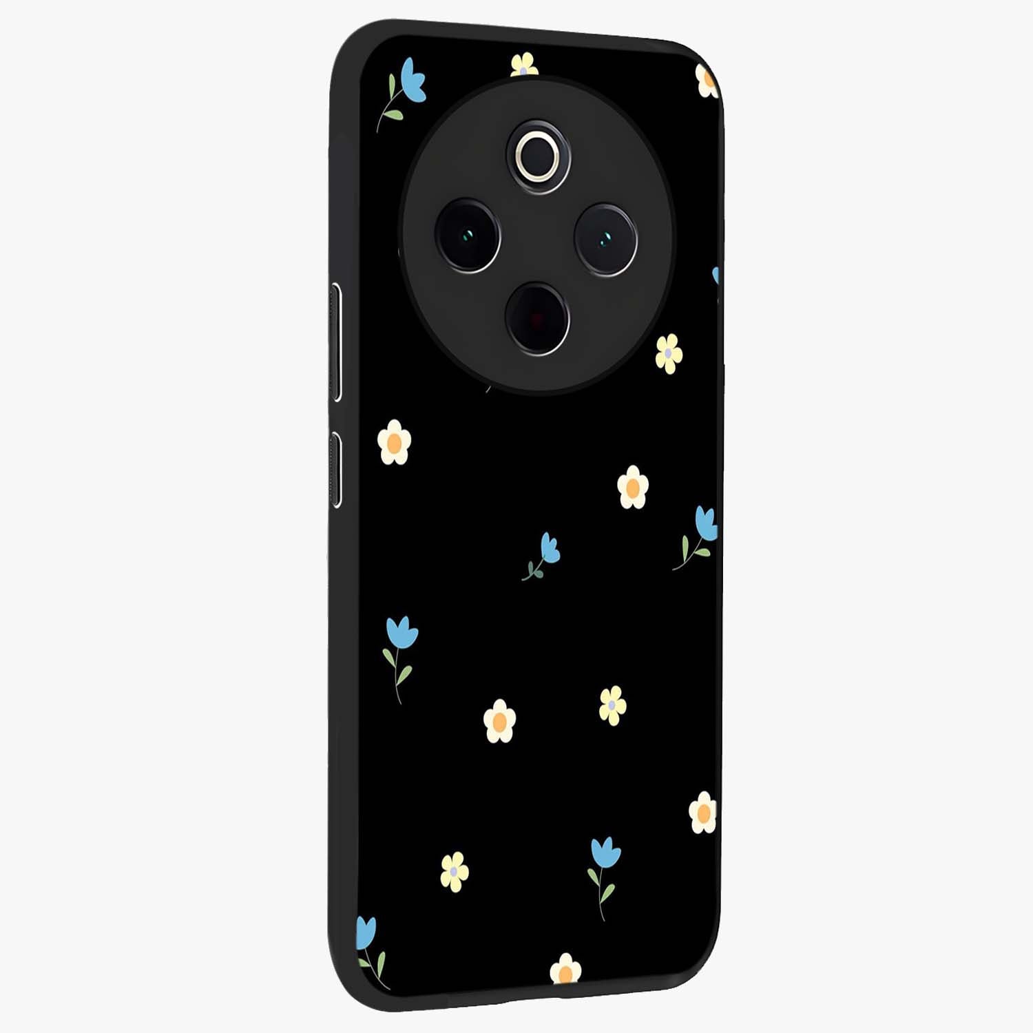 Minimal Petal Whispers Glass Case upright view showcasing elegant floral artwork with modern minimalist style.
