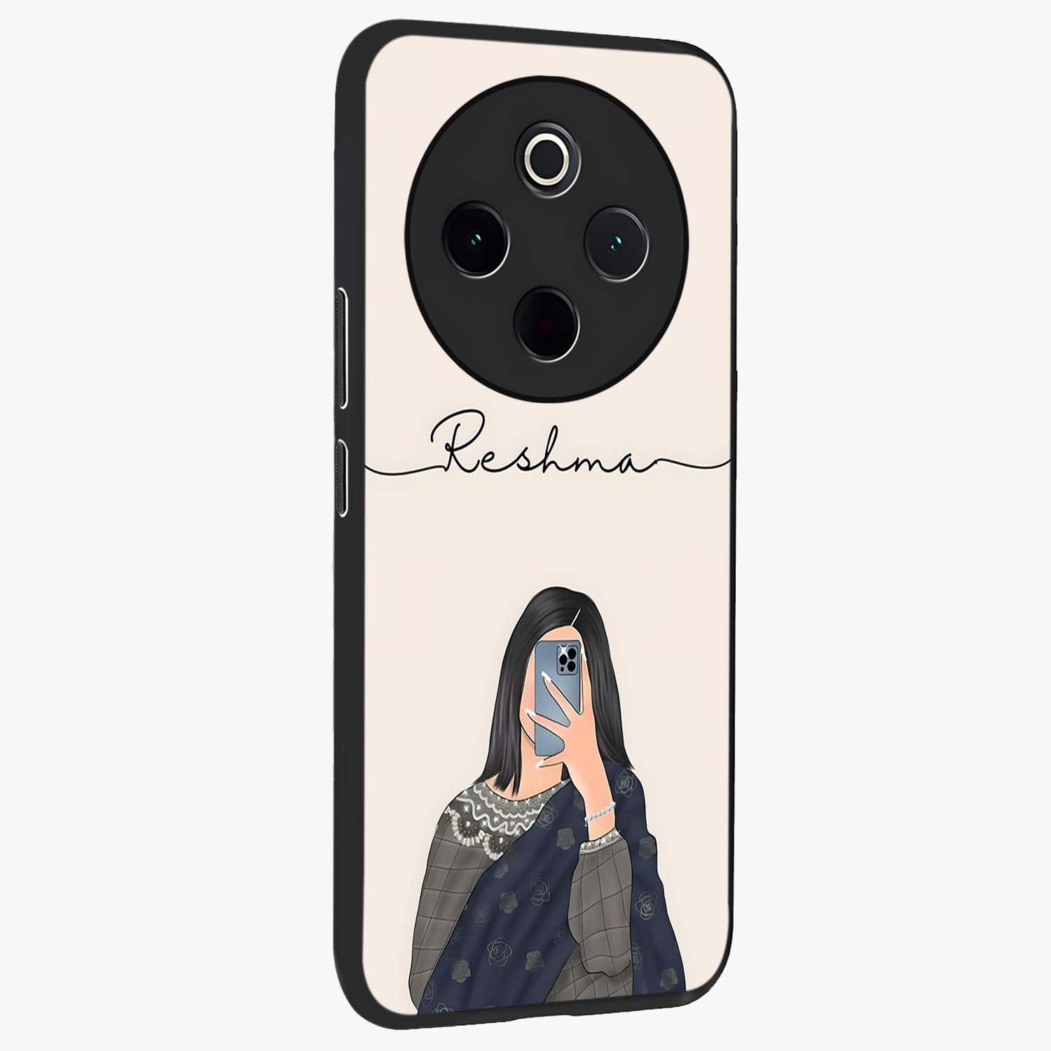 Mirror Mood Muse With Custom Name Glass Case upright view showcasing artistic mirror themed artwork with personalized aesthetic.
