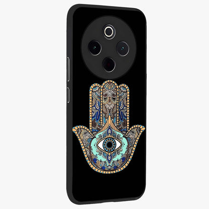 Mystic Hamsa Eye Glass Case upright view showcasing detailed hamsa eye artwork with protective spiritual theme.