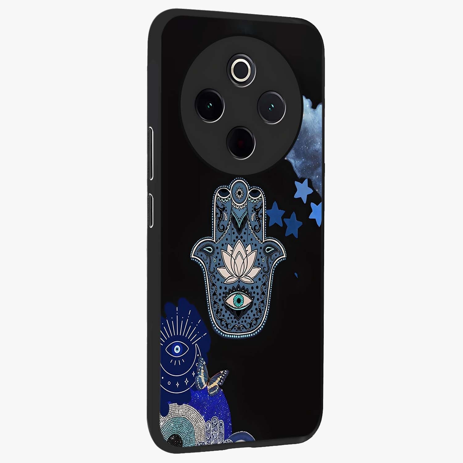 Mystic Hand Aura Glass Case upright view showcasing symbolic hand artwork with mystical energy theme.