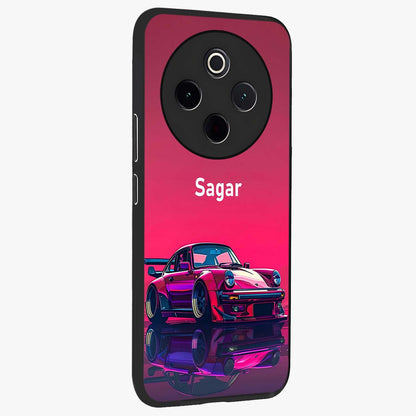 Neon Pink Porsche Glass Case upright view showcasing vibrant sports car artwork with bold automotive theme.