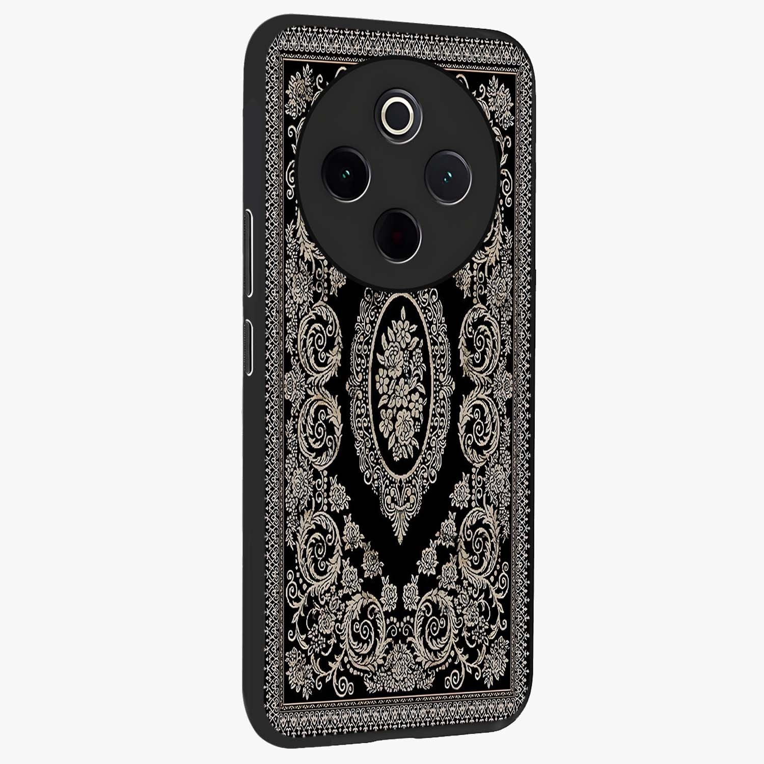 Noir Bloom Elegance Glass Case upright view showcasing graceful floral artwork with luxurious dark theme.