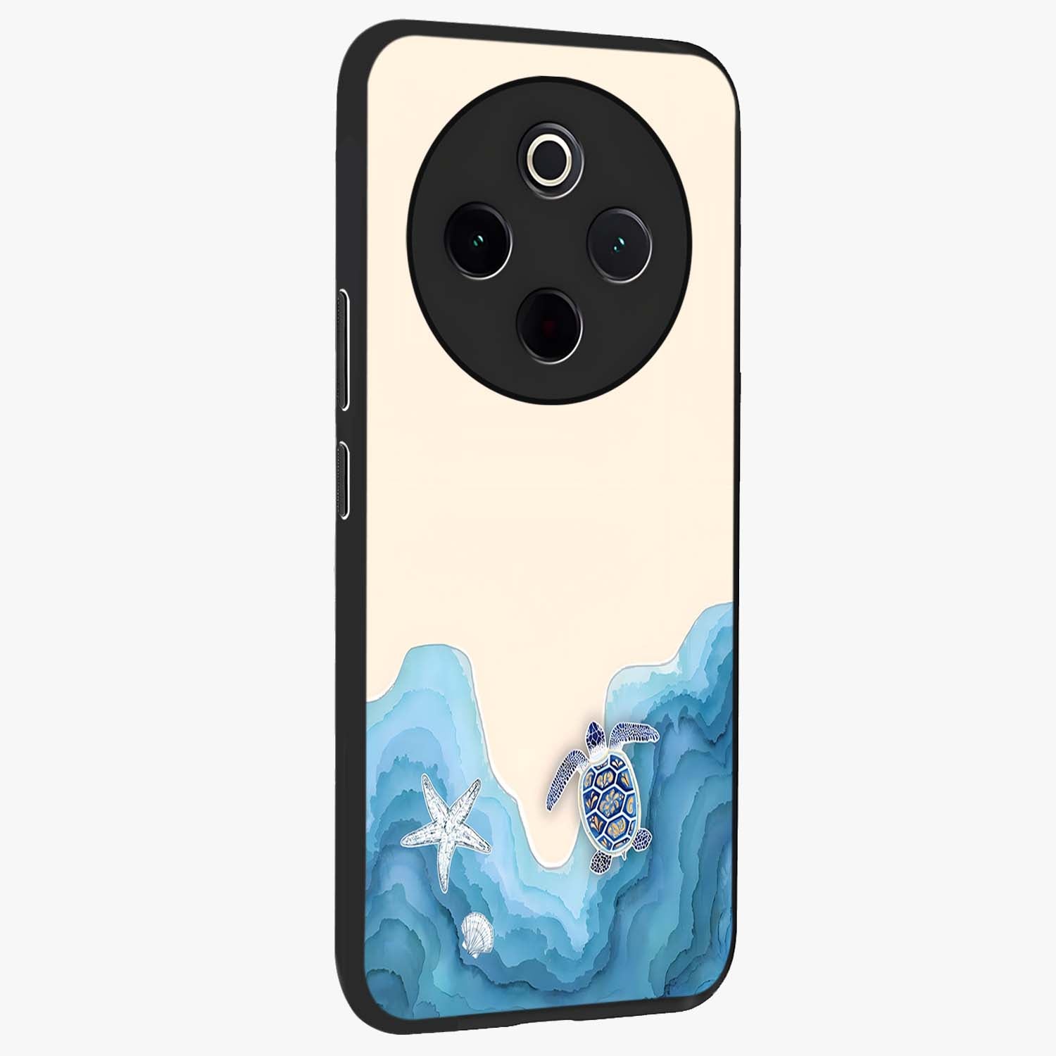 Ocean Drift Turtle Glass Case upright view showcasing calm underwater turtle artwork with nature inspired theme.