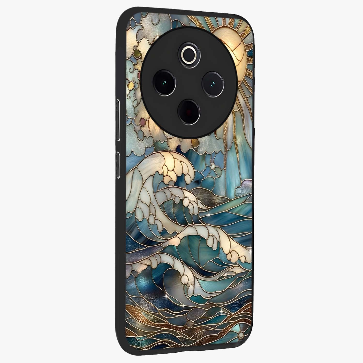 Oceanic Stained Printed Glass Case upright view showcasing decorative ocean pattern artwork with vibrant marine theme.