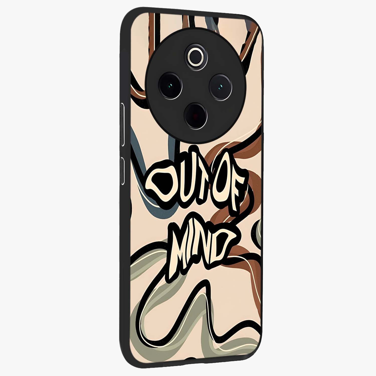 Out Of Mind Glass Case upright view showcasing striking typography artwork with edgy conceptual theme.
