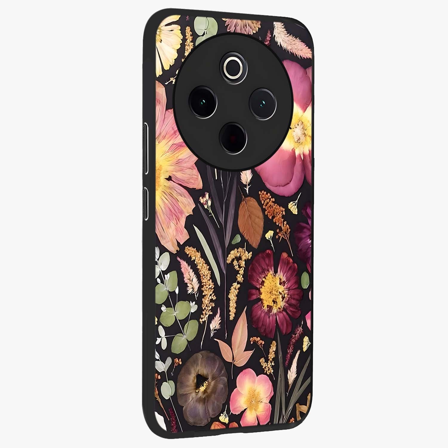 Petal Dream Tapestry Glass Case upright view showcasing detailed floral tapestry artwork with artistic nature theme.