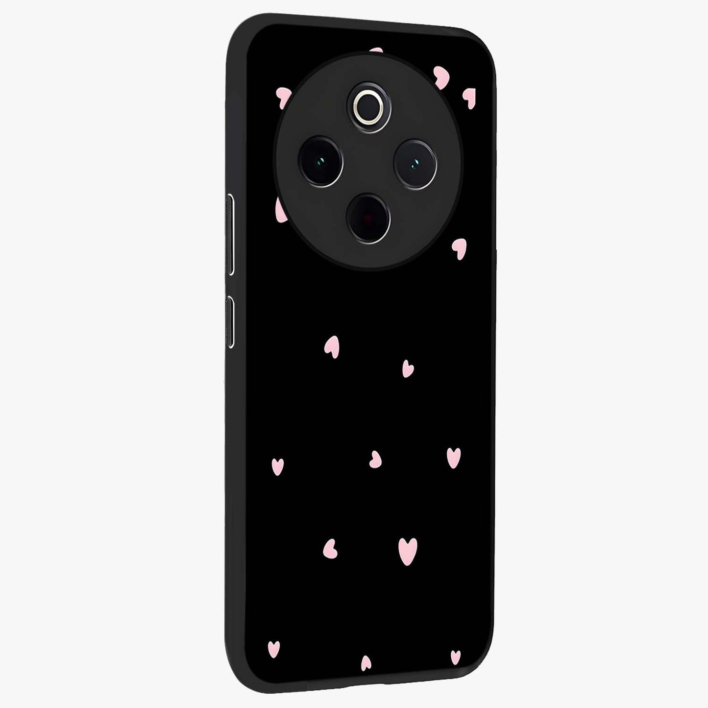 Pink Love Drops Glass Case upright view showcasing charming heart drop artwork with romantic playful theme.