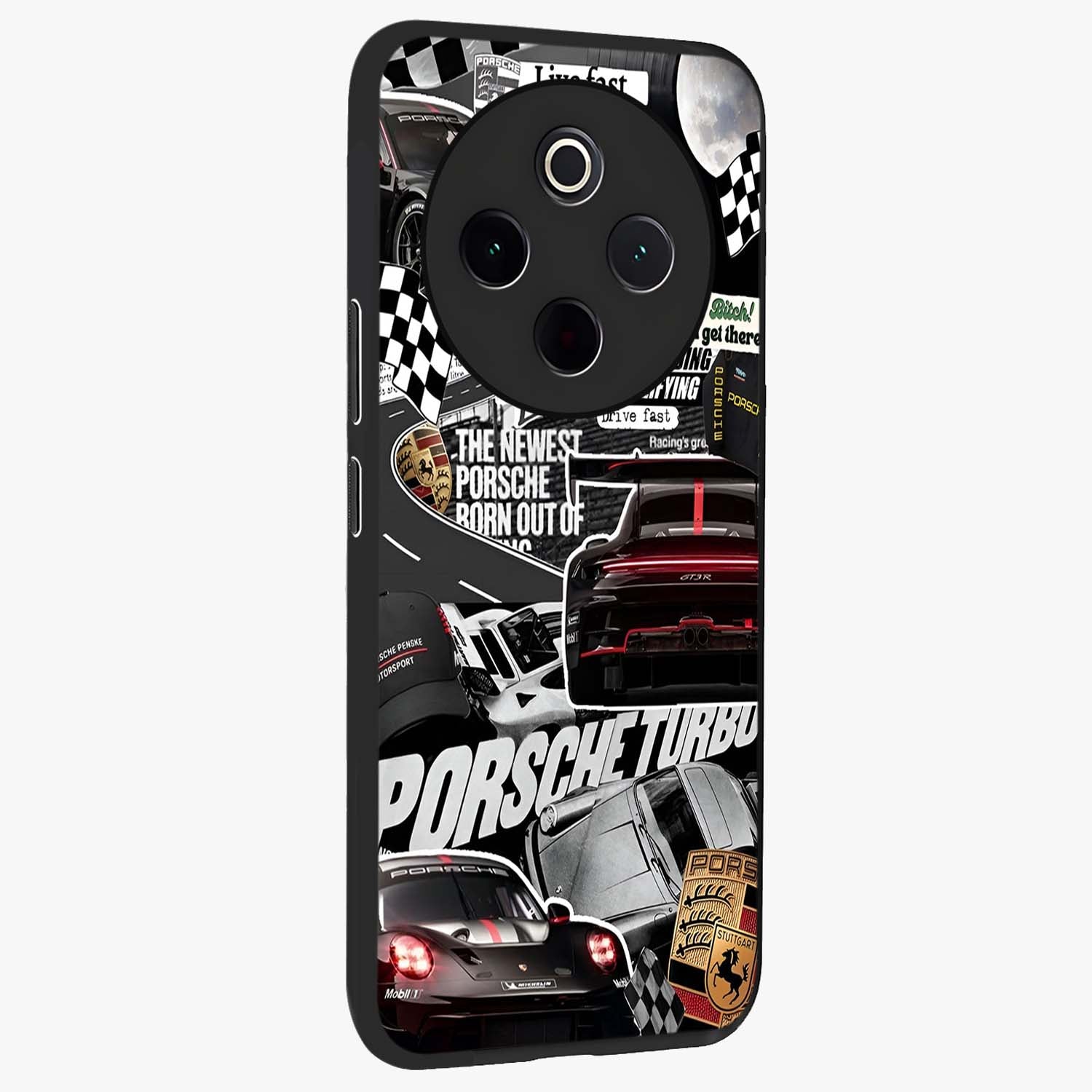 Porsche Racing Collage Glass Case upright view showcasing energetic car collage artwork with high speed racing theme.