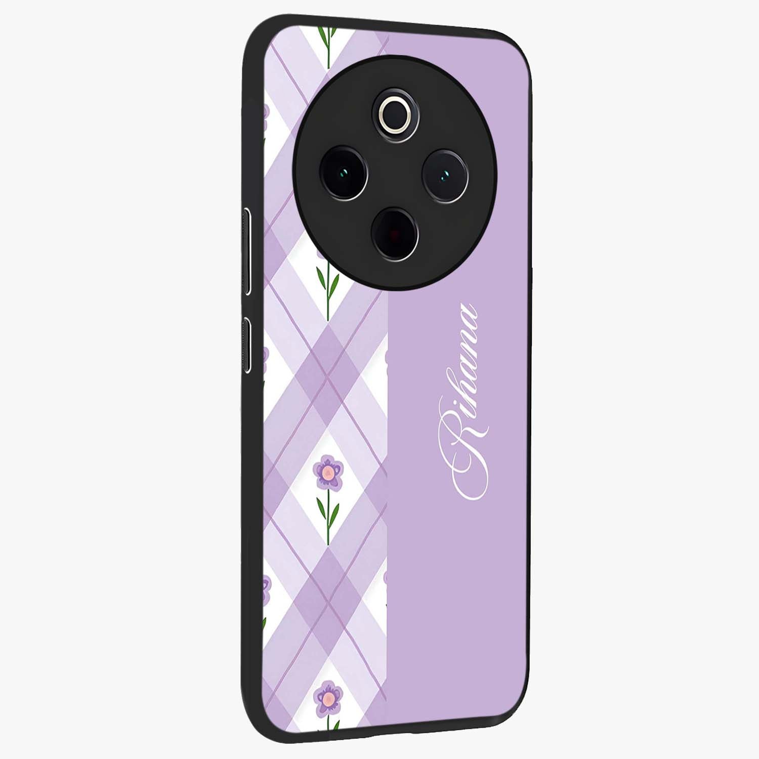 Purple Diamond Floral Glass Case upright view showcasing vibrant floral artwork with stylish geometric theme.