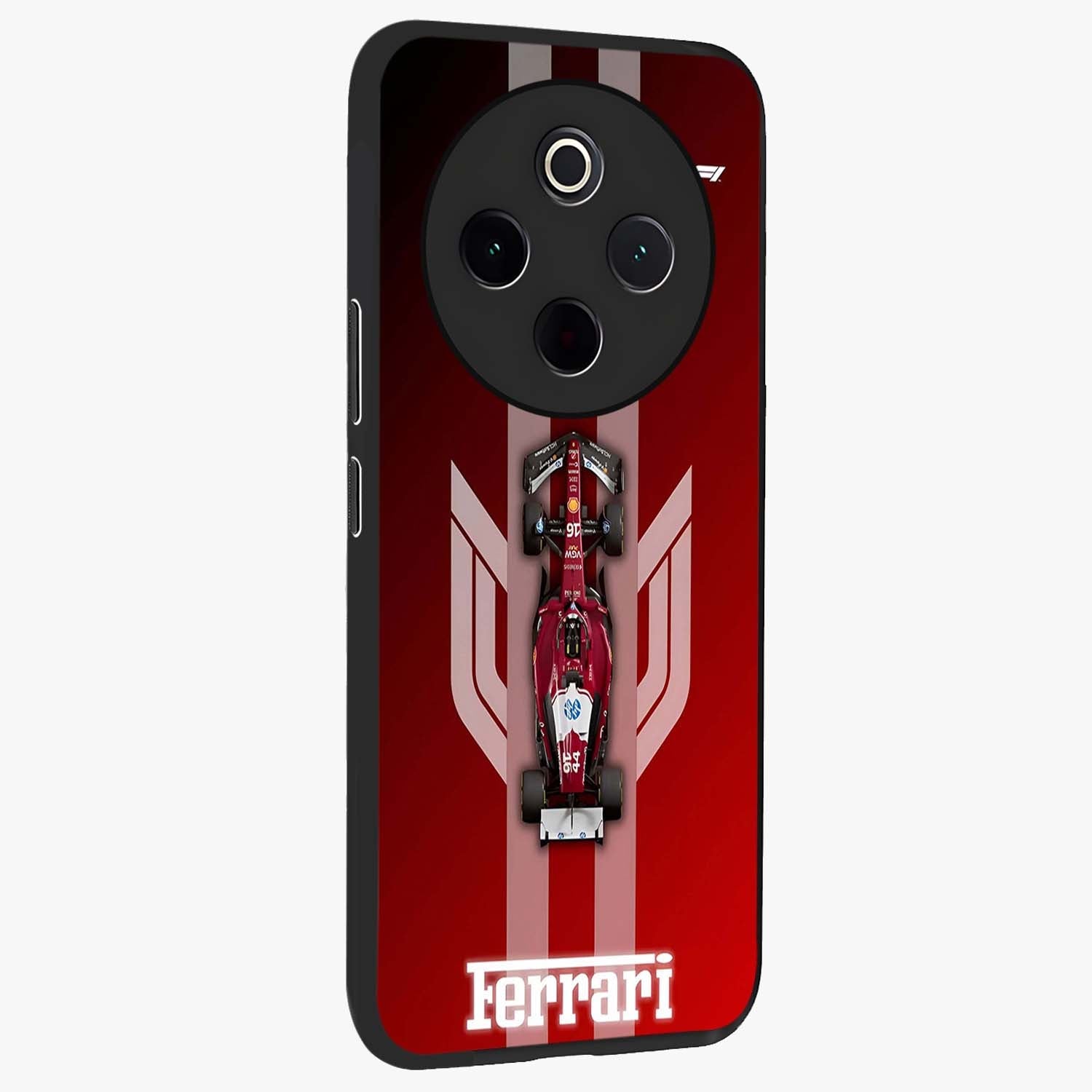 Red Ferrari F1 Vertical Glass Case upright view showcasing powerful Formula car artwork with dynamic motorsport theme.