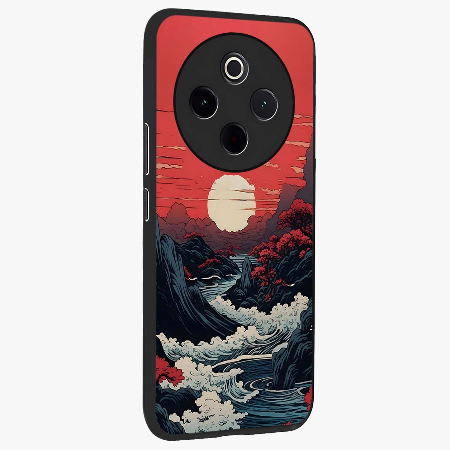 Red Sunset Scenery Glass Case upright view showcasing dramatic sunset scenery artwork with warm nature theme.