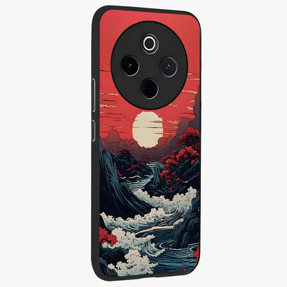 Red Sunset Scenery Glass Case upright view showcasing dramatic sunset scenery artwork with warm nature theme.