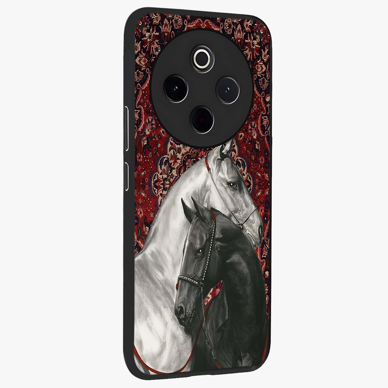 Regal Stallion Tapestry Glass Case upright view showcasing powerful horse artwork with elegant tapestry theme.