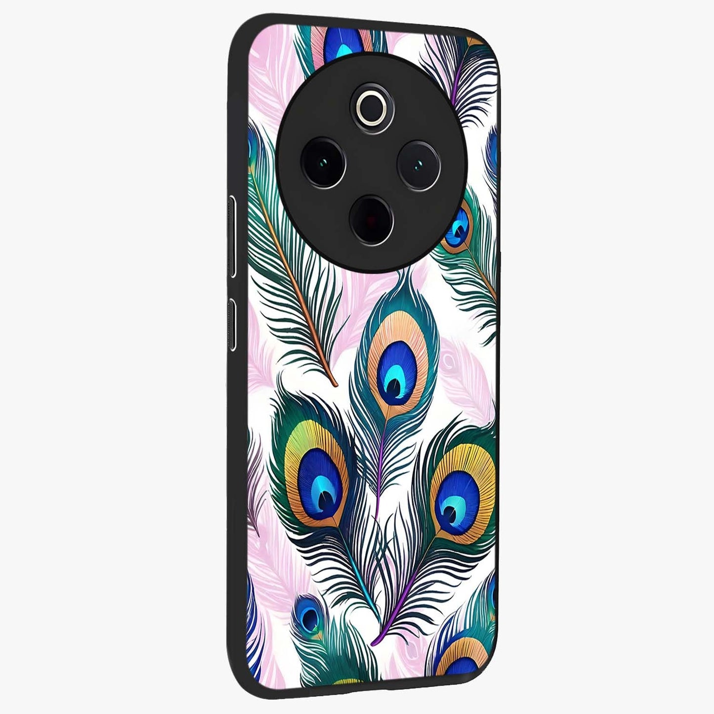 Royal Peacock Feathers Glass Case upright view showcasing elegant peacock feather artwork with decorative royal theme.