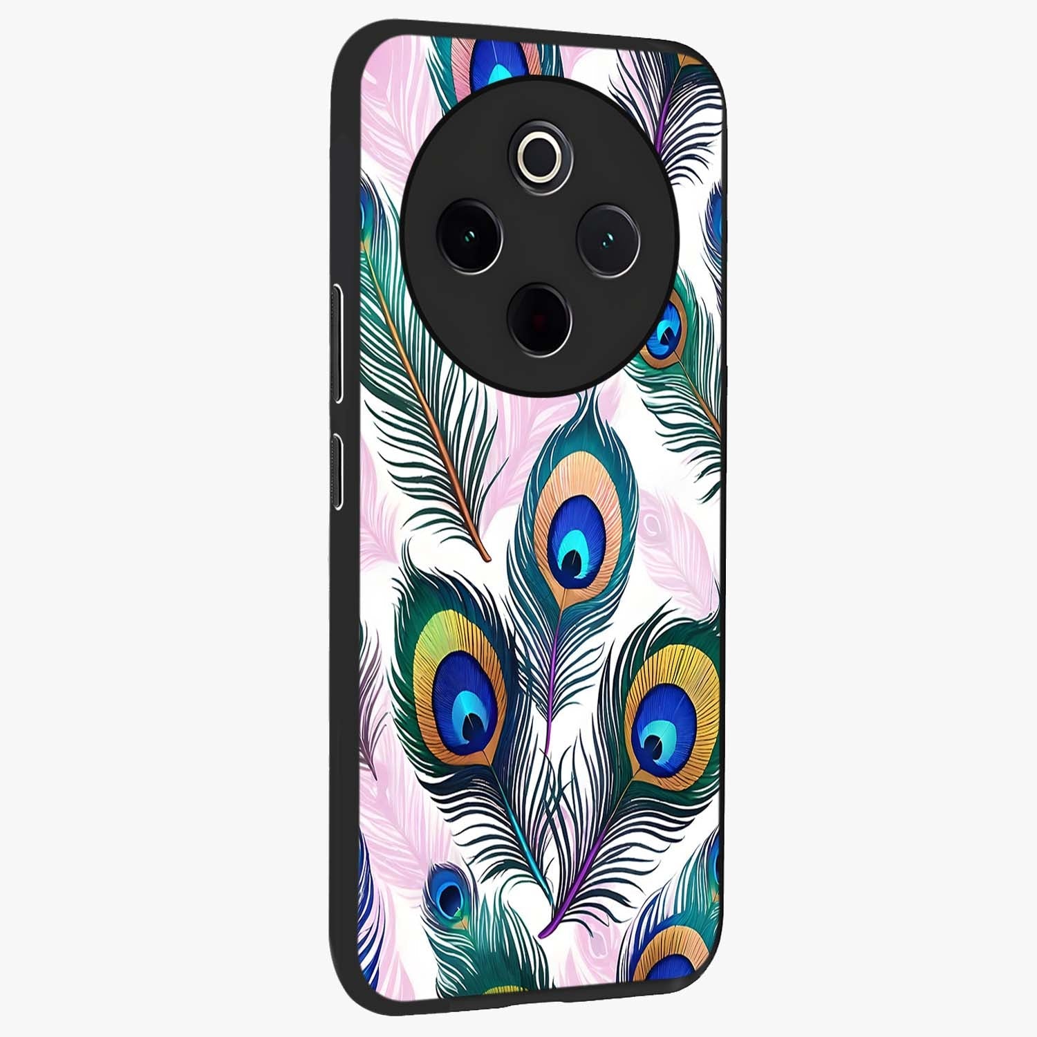 Royal Peacock Feathers Glass Case upright view showcasing elegant peacock feather artwork with decorative royal theme.