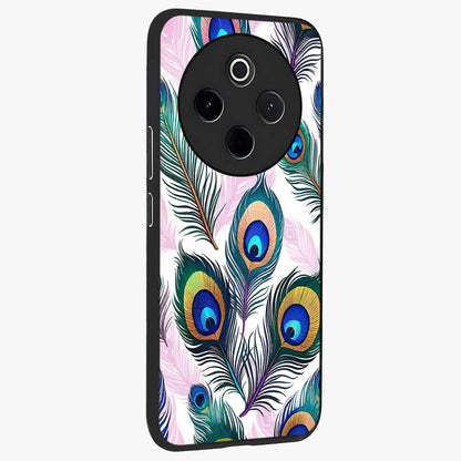 Royal Peacock Feathers Glass Case upright view showcasing elegant peacock feather artwork with decorative royal theme.