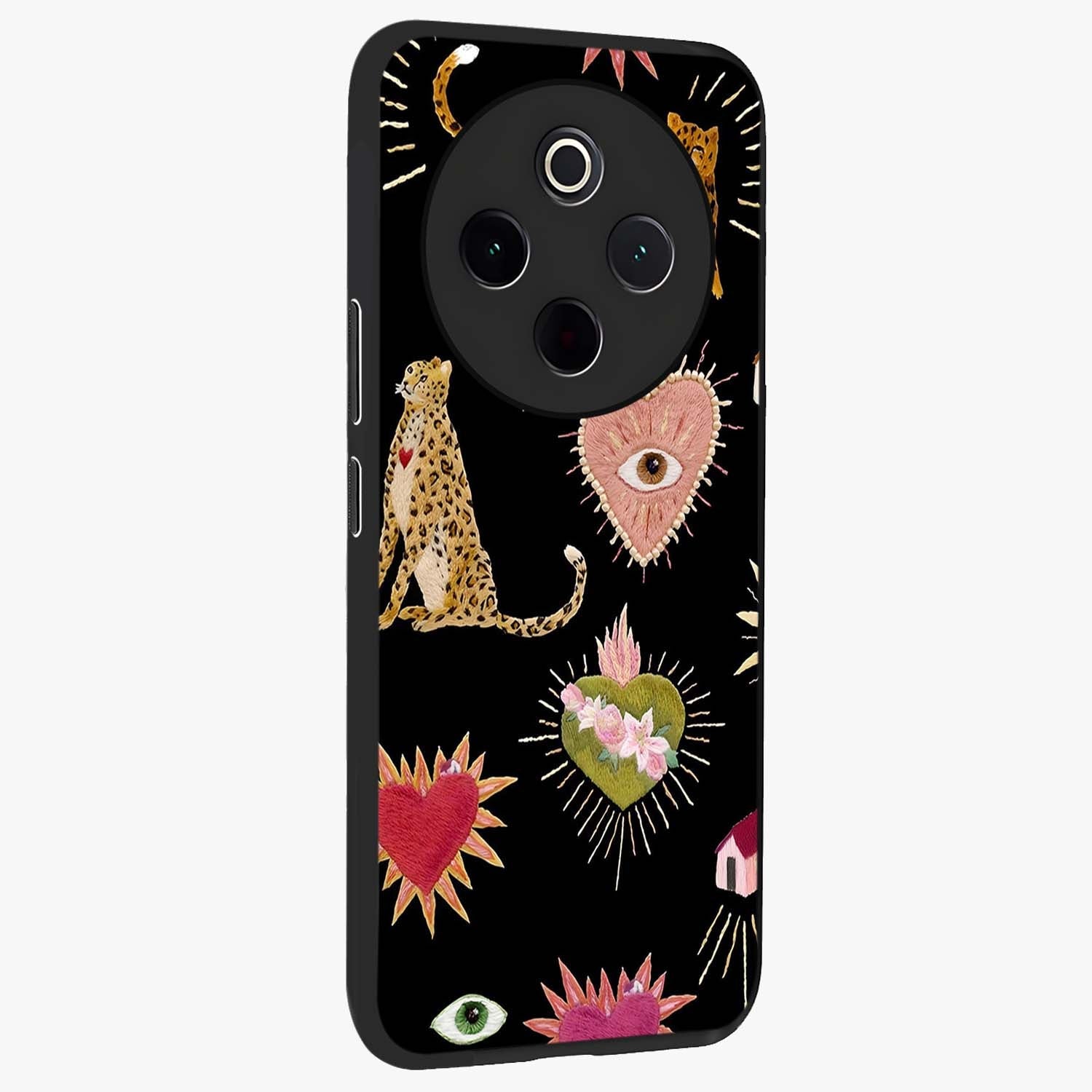 Sacred Jungle Heart Glass Case upright view showcasing vibrant jungle artwork with symbolic heart theme.