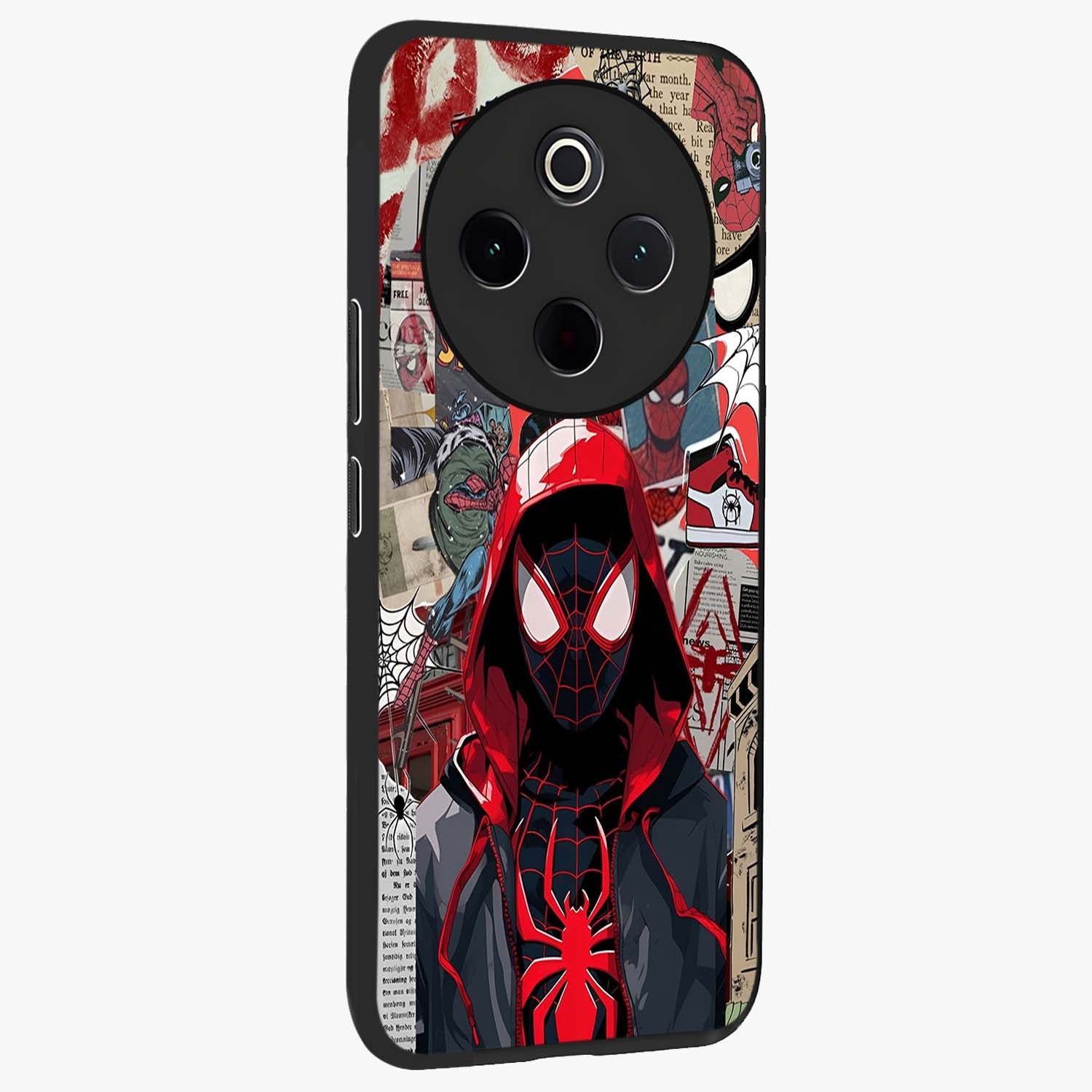 Spider Collage Street Glass Case upright view showcasing bold superhero artwork with urban street theme.