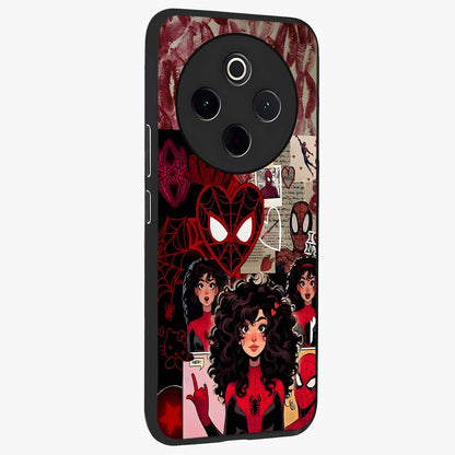 Spider Love Story Glass Case upright view showcasing charming superhero artwork with romantic comic theme.
