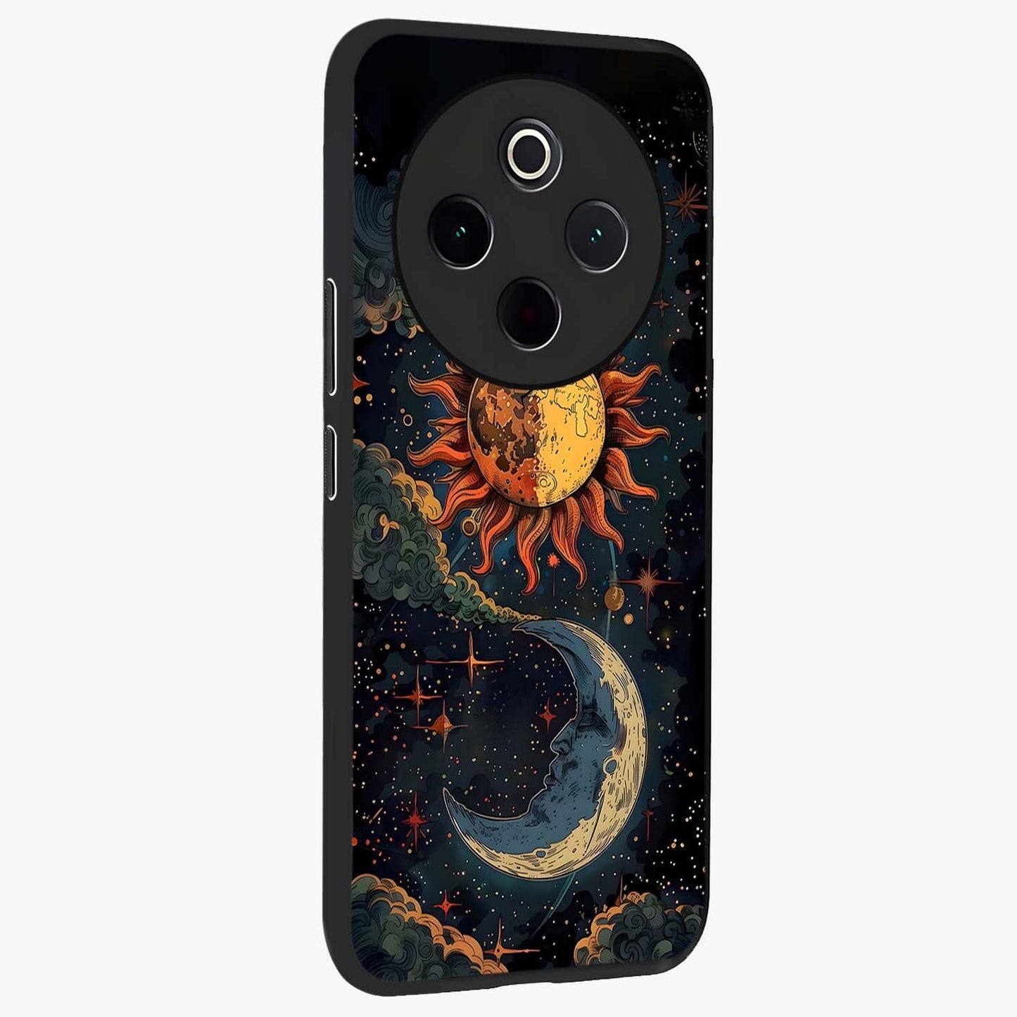 Sun And Moon Magic Design Glass Case upright view showcasing decorative sun and moon artwork with spiritual celestial theme.