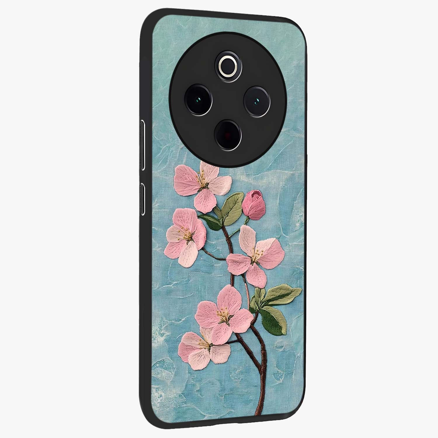 Threaded Blossom Breeze Glass Case upright view showcasing graceful flower artwork with calm botanical theme.