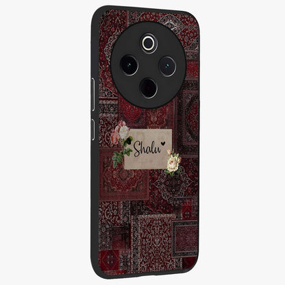 Velvet Wine Pattern Custom Name Glass Case upright view showcasing luxurious wine toned artwork with personalized aesthetic.