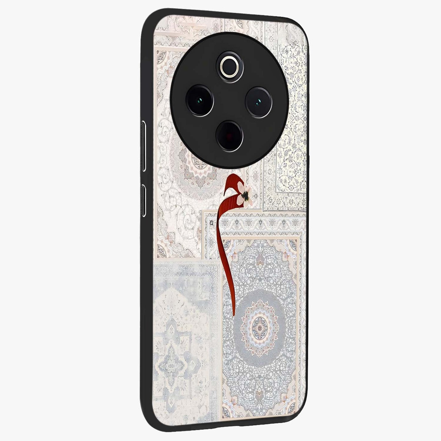 White Aesthetic Bow Glass Case upright view showcasing delicate ribbon bow artwork with cute minimalist theme.